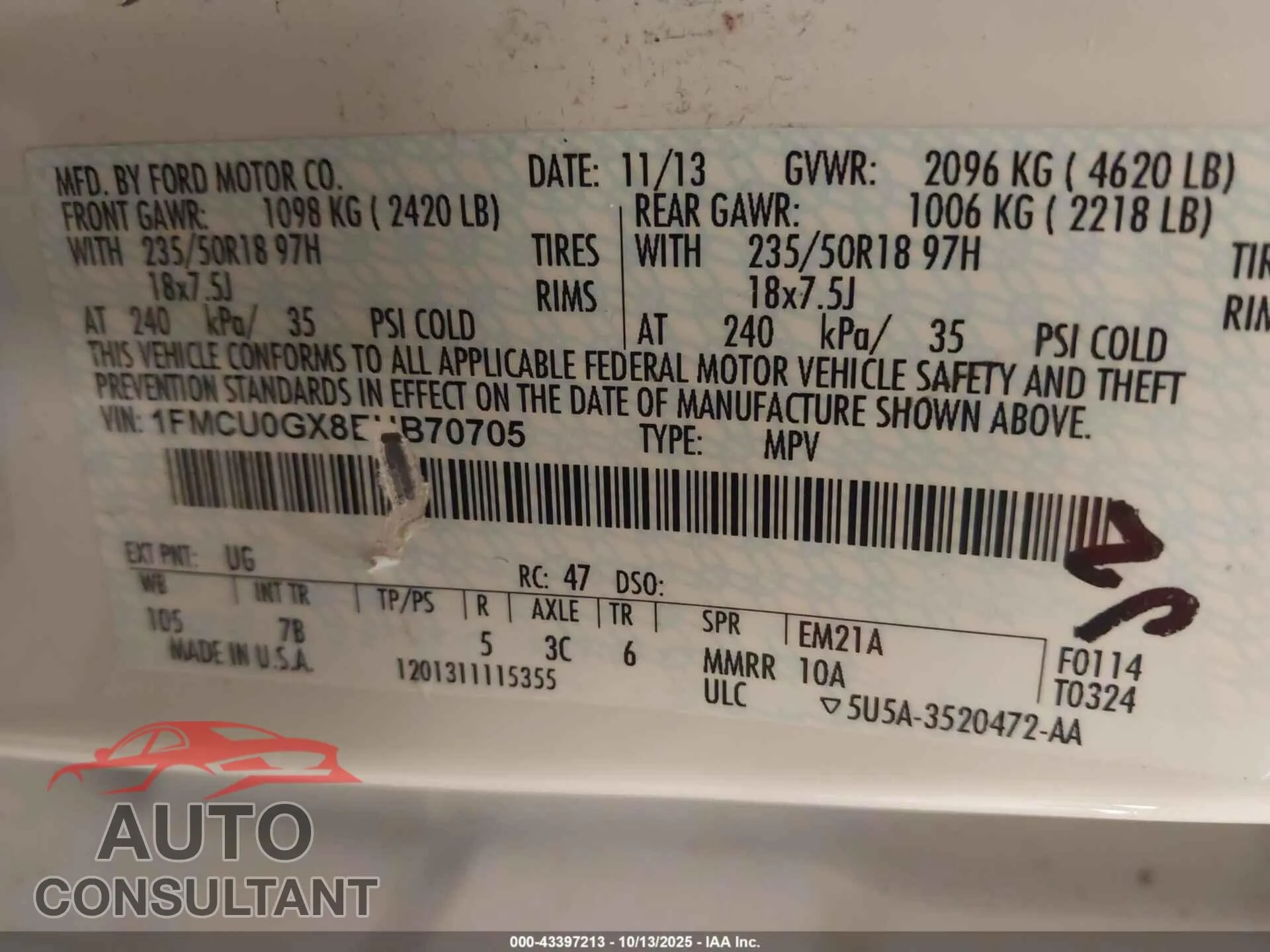 2014 FORD ESCAPE Damaged VIN 1FMCU0GX8EUB70705 – trunk area