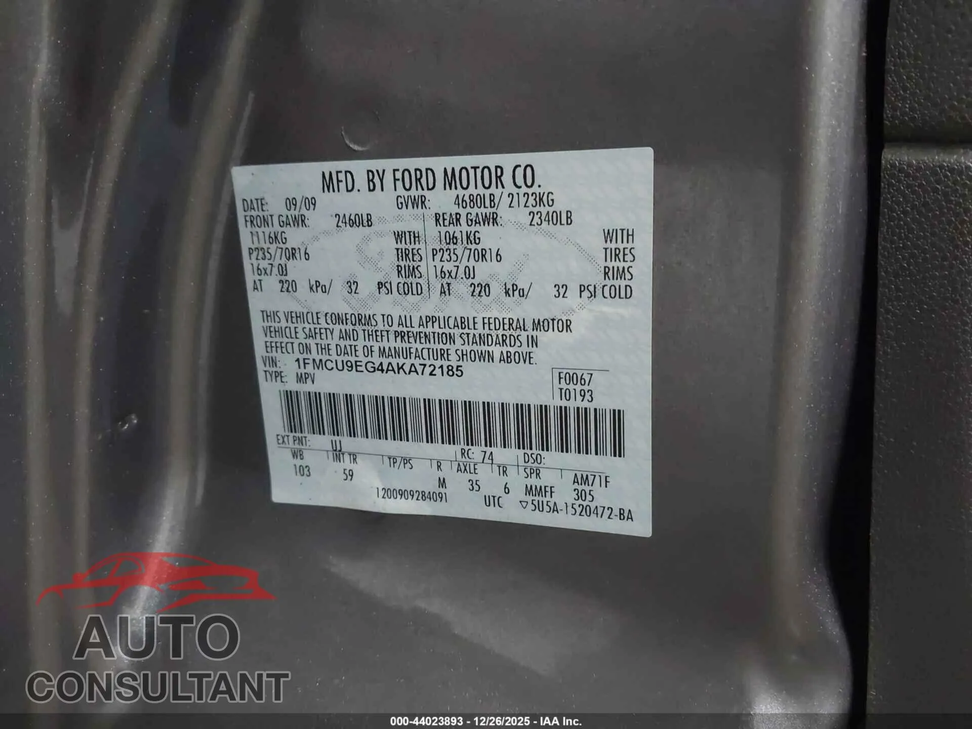 2010 FORD ESCAPE Damaged VIN 1FMCU9EG4AKA72185 – trunk area