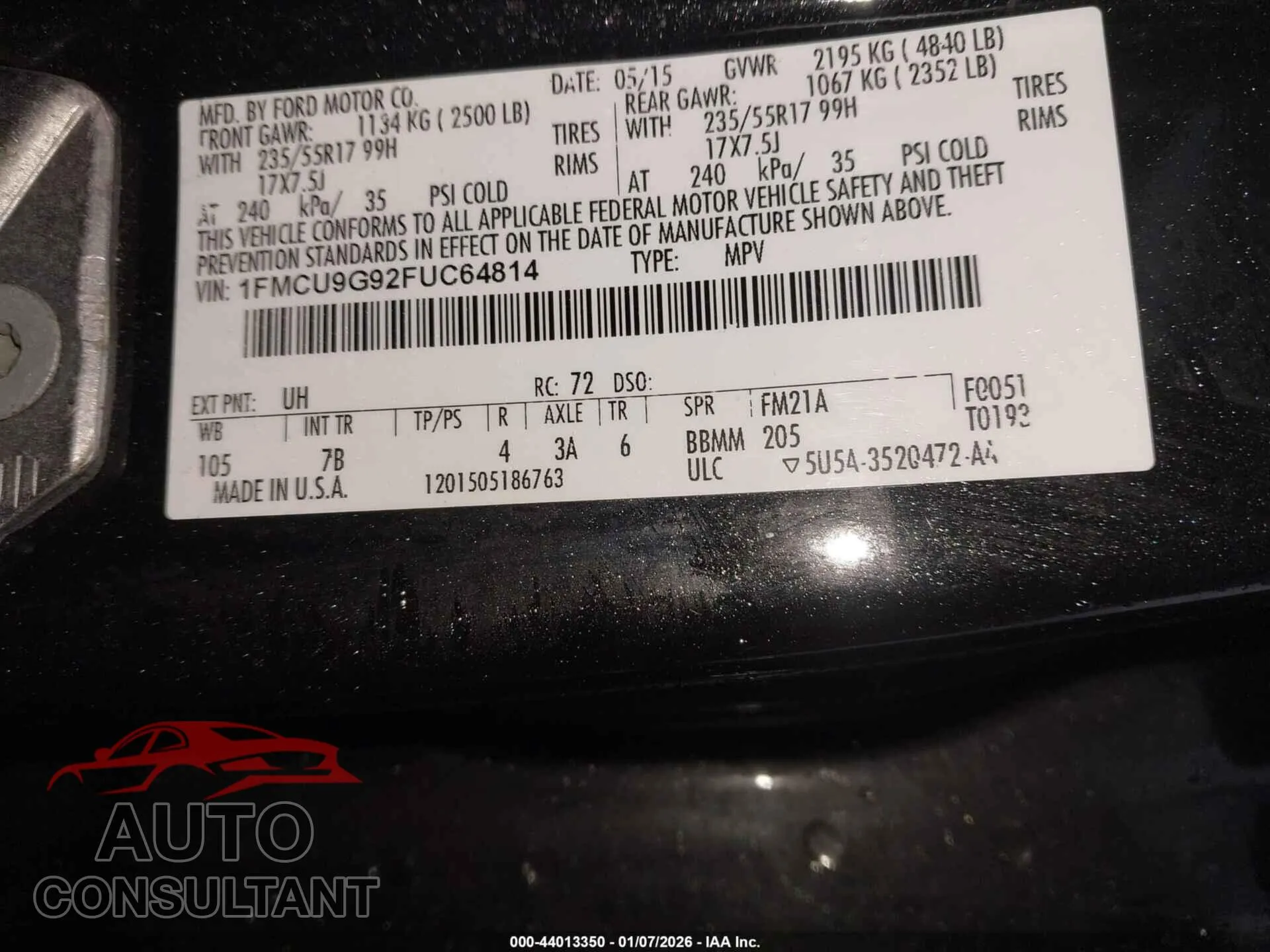 2015 FORD ESCAPE Damaged VIN 1FMCU9G92FUC64814 – trunk area