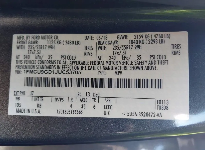 2018 FORD Escape Used VIN 1FMCU9GD1JUC53705 – side profile