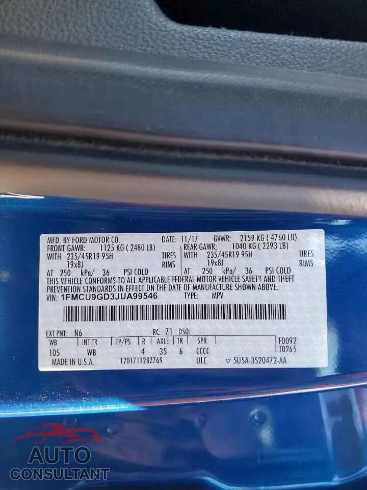 2018 FORD ESCAPE Damaged VIN 1FMCU9GD3JUA99546 – photo 13