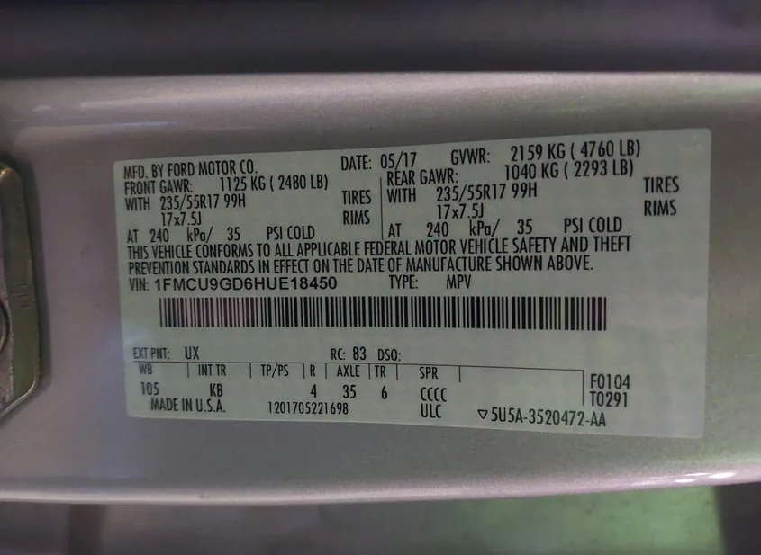 2017 FORD Escape Used VIN 1FMCU9GD6HUE18450 – interior seats