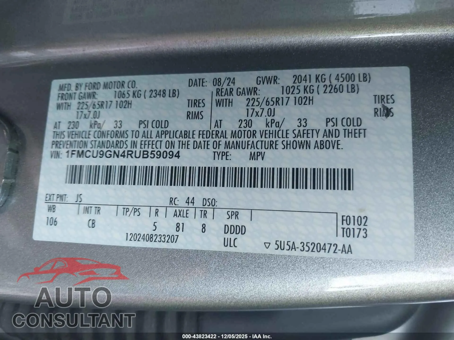 2024 FORD ESCAPE Damaged VIN 1FMCU9GN4RUB59094 – trunk area