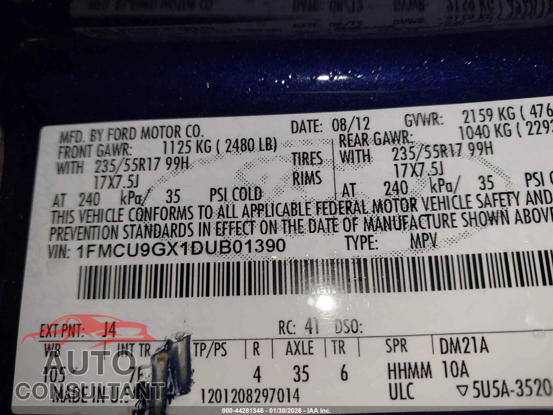 2013 FORD ESCAPE Used VIN 1FMCU9GX1DUB01390 – trunk area