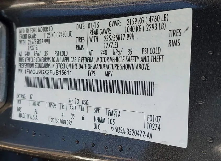 2015 FORD Escape Used VIN 1FMCU9GX2FUB15611 – trunk area