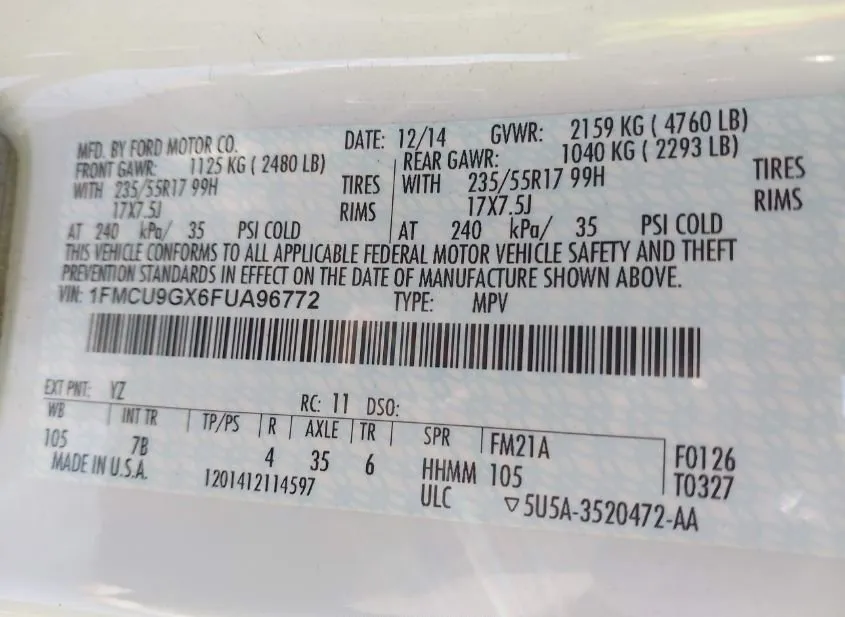 2015 FORD Escape Used VIN 1FMCU9GX6FUA96772 – odometer reading