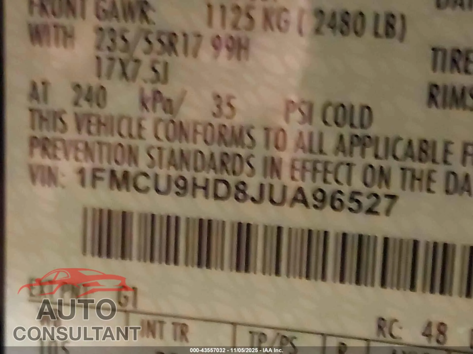 2018 FORD ESCAPE Damaged VIN 1FMCU9HD8JUA96527 – trunk area