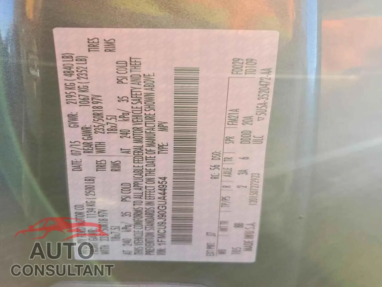 2016 FORD ESCAPE Damaged VIN 1FMCU9J90GUA44954 – photo 12