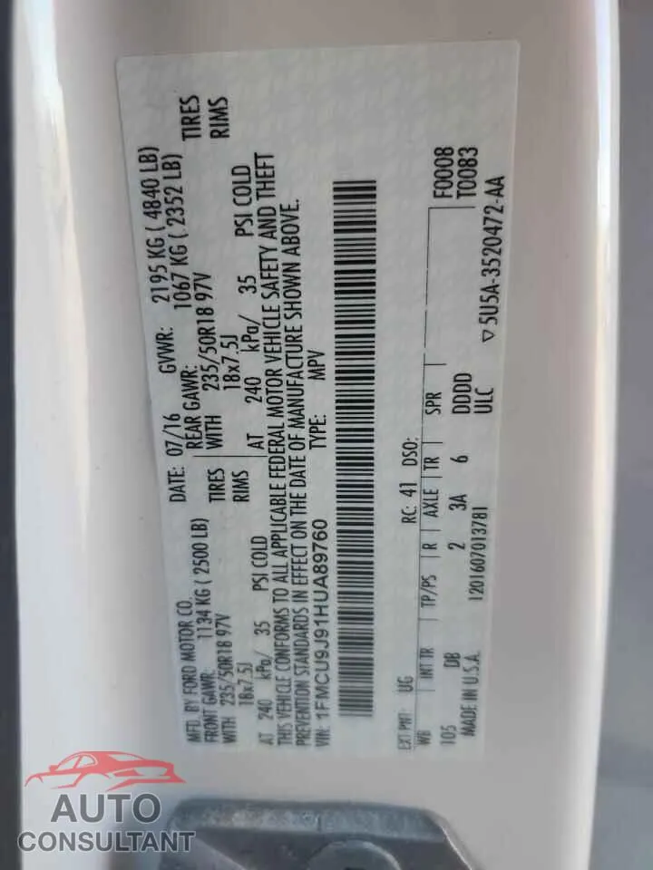2017 FORD ESCAPE Damaged VIN 1FMCU9J91HUA89760 – photo 13