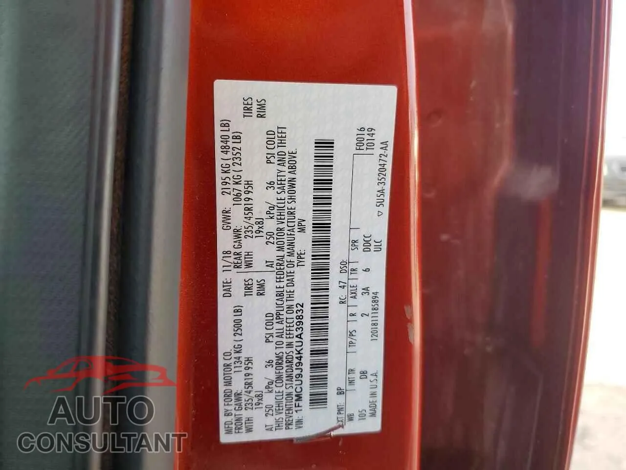 2019 FORD ESCAPE Damaged VIN 1FMCU9J94KUA39832 – photo 13