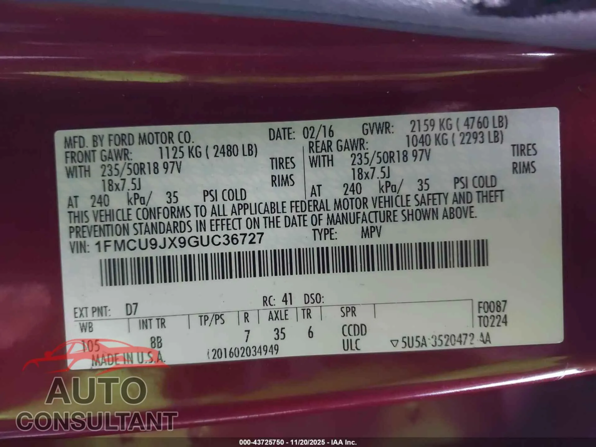 2016 FORD ESCAPE Damaged VIN 1FMCU9JX9GUC36727 – trunk area