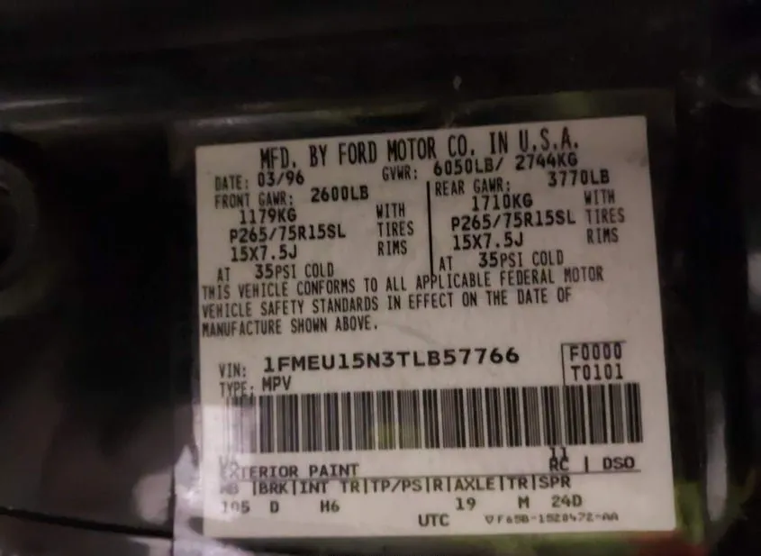 1996 FORD Bronco Used VIN 1FMEU15N3TLB57766 – odometer reading