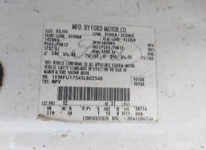 2005 FORD Expedition Used VIN 1FMFU17545LB02540 – undercarriage