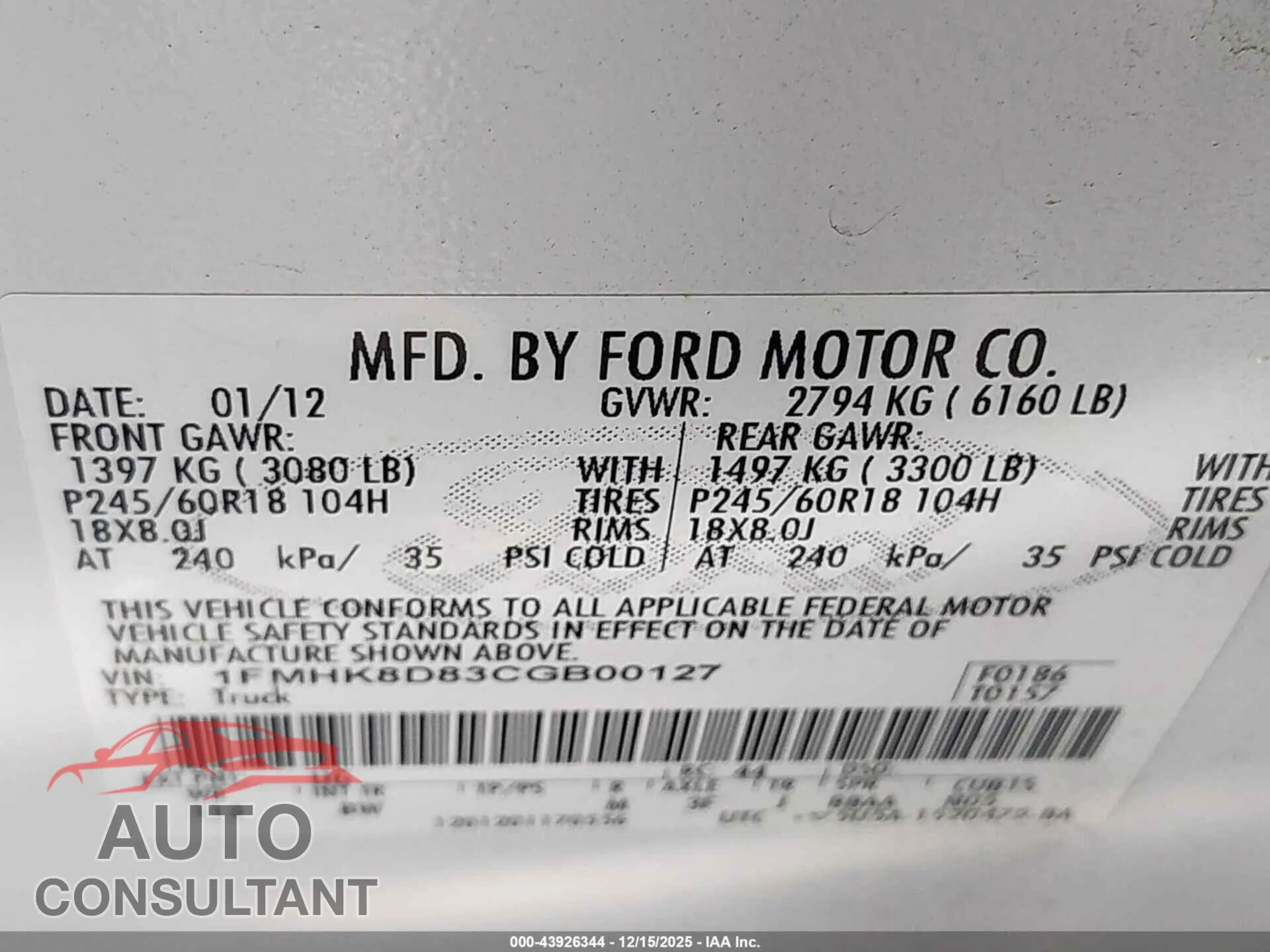 2012 FORD EXPLORER Damaged VIN 1FMHK8D83CGB00127 – trunk area