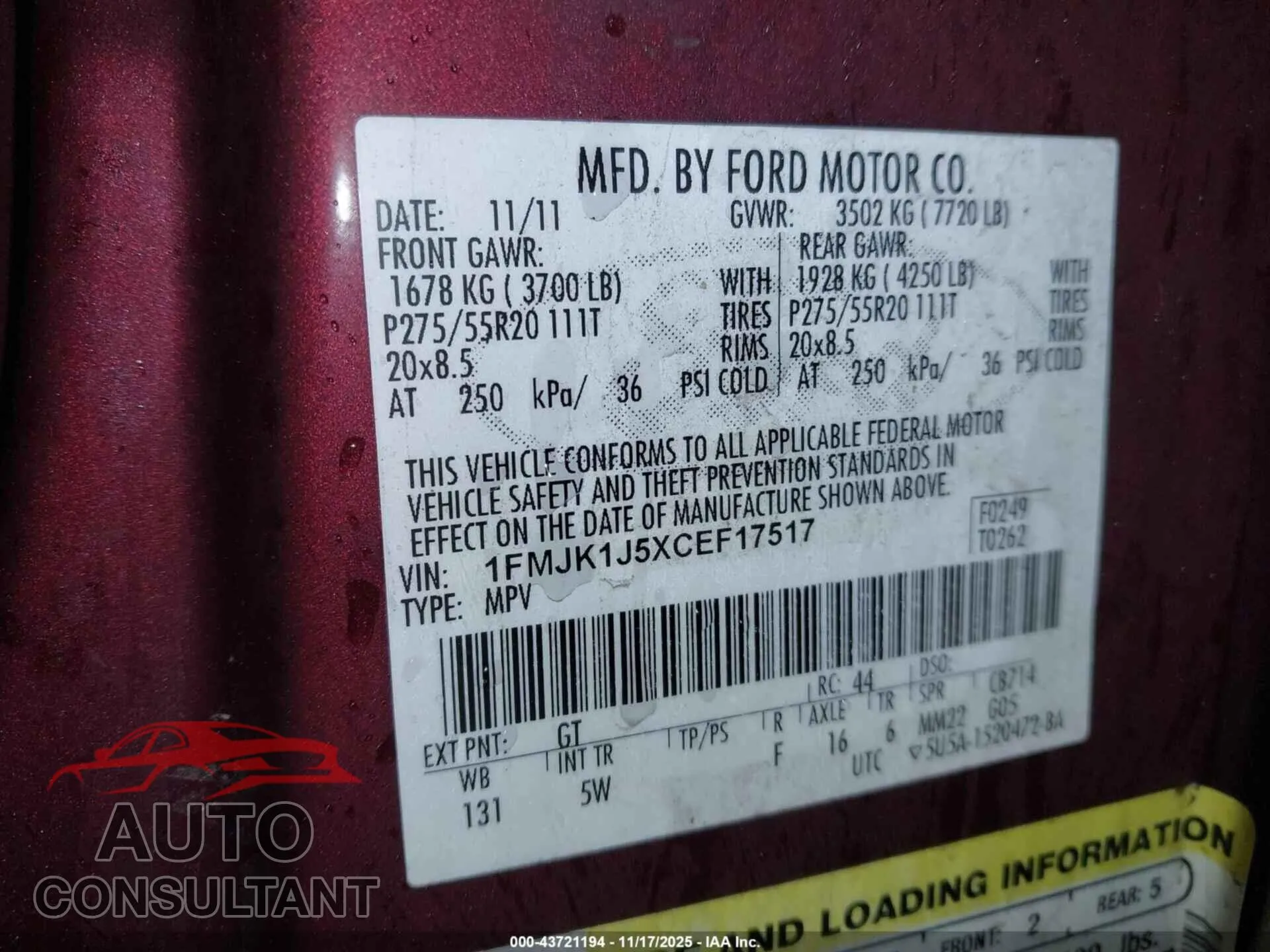 2012 FORD EXPEDITION EL Damaged VIN 1FMJK1J5XCEF17517 – trunk area