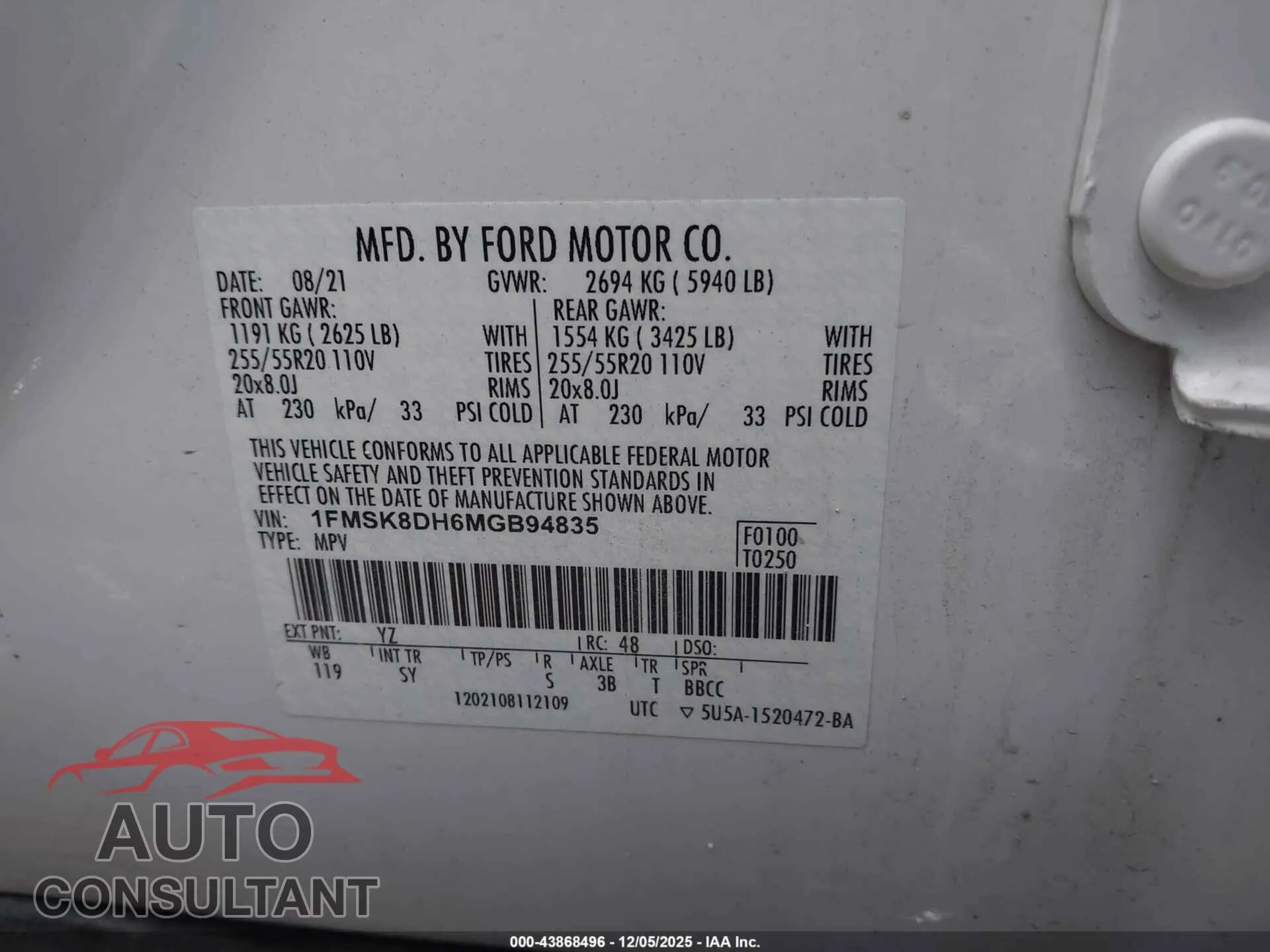 2021 FORD EXPLORER Damaged VIN 1FMSK8DH6MGB94835 – trunk area