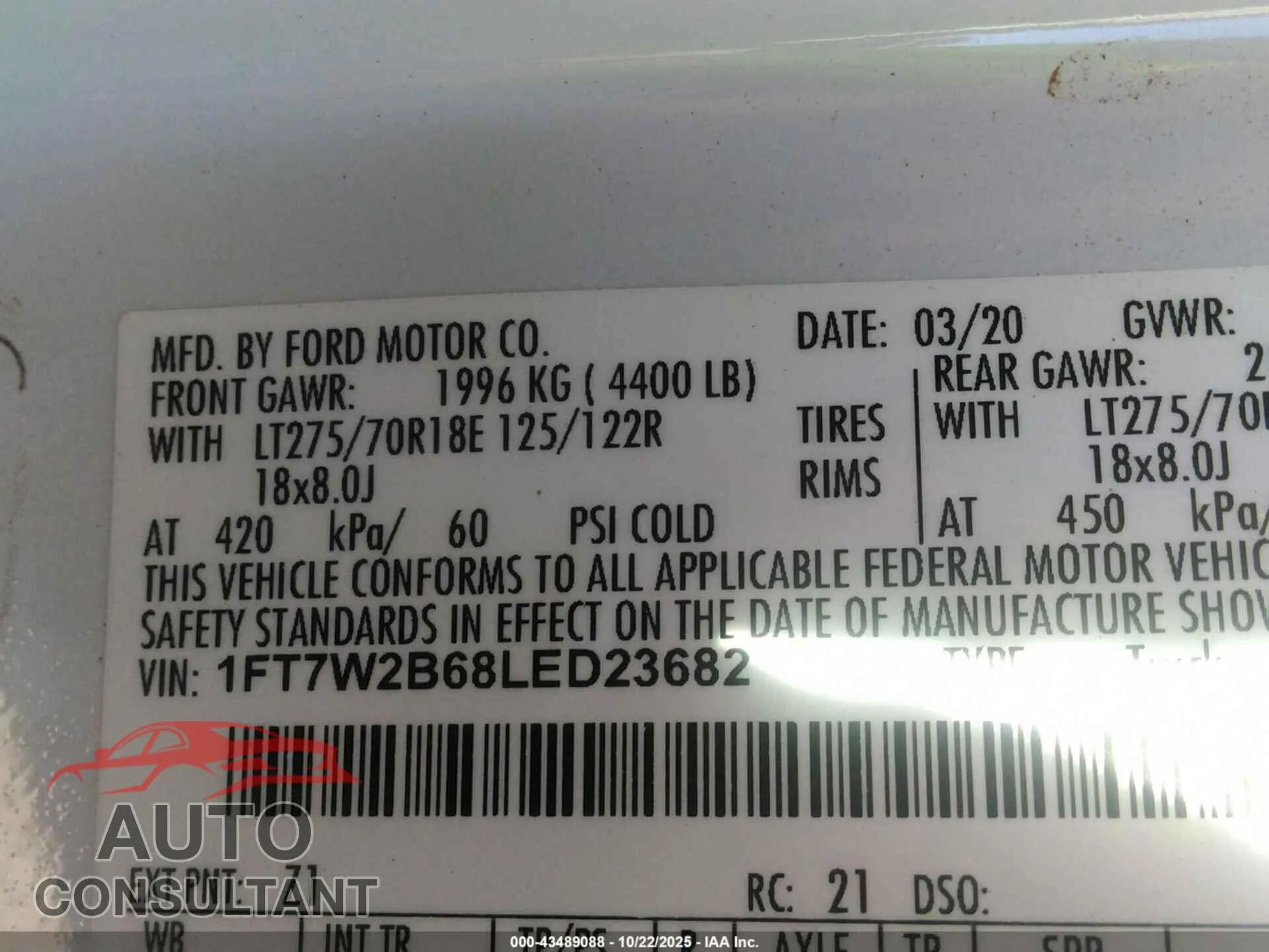 2020 FORD F250 Damaged VIN 1FT7W2B68LED23682 – trunk area