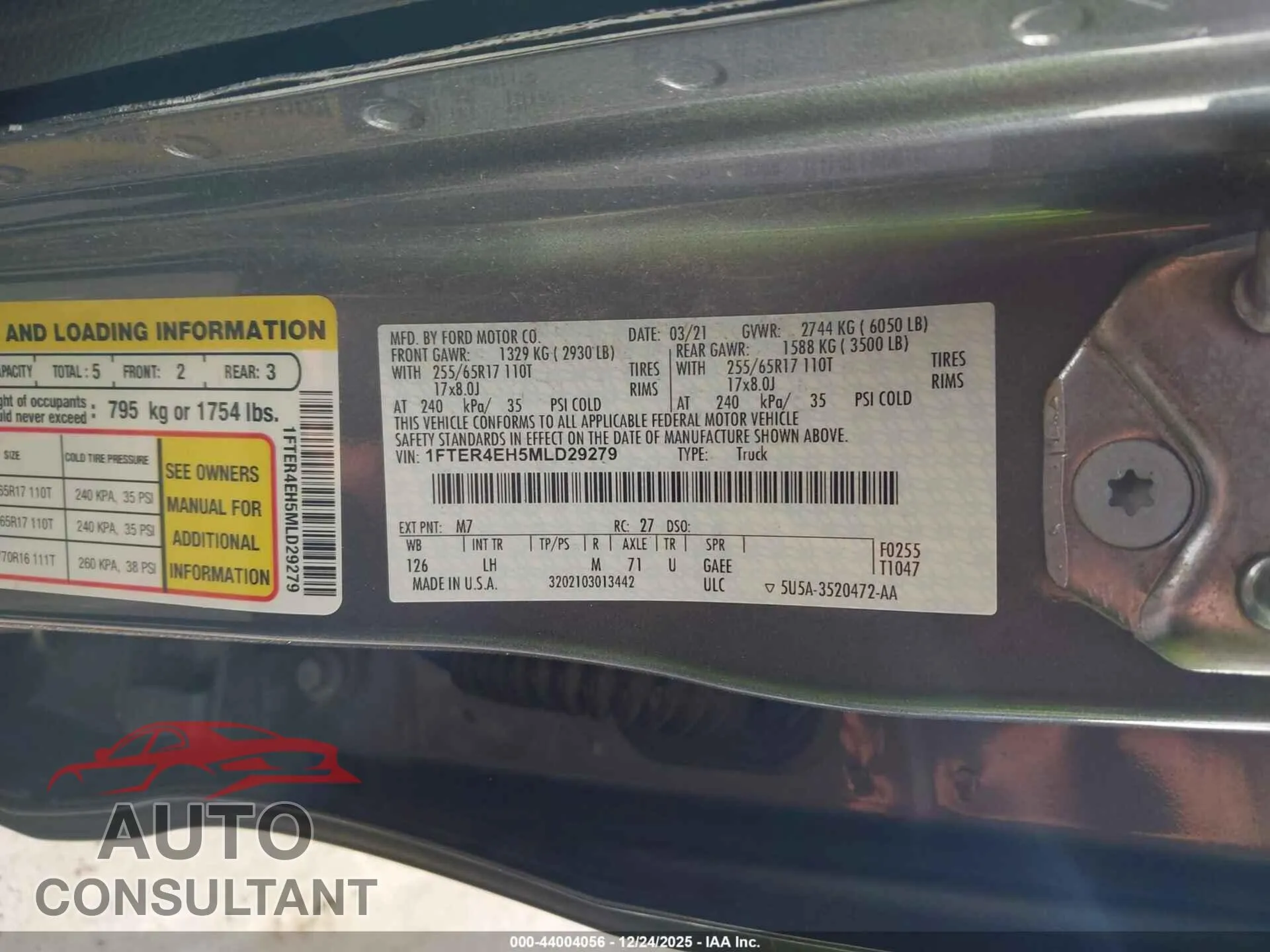 2021 FORD RANGER Damaged VIN 1FTER4EH5MLD29279 – trunk area