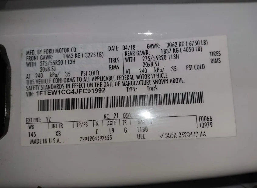 2018 FORD F-150 Used VIN 1FTEW1CG4JFC91992 – trunk area