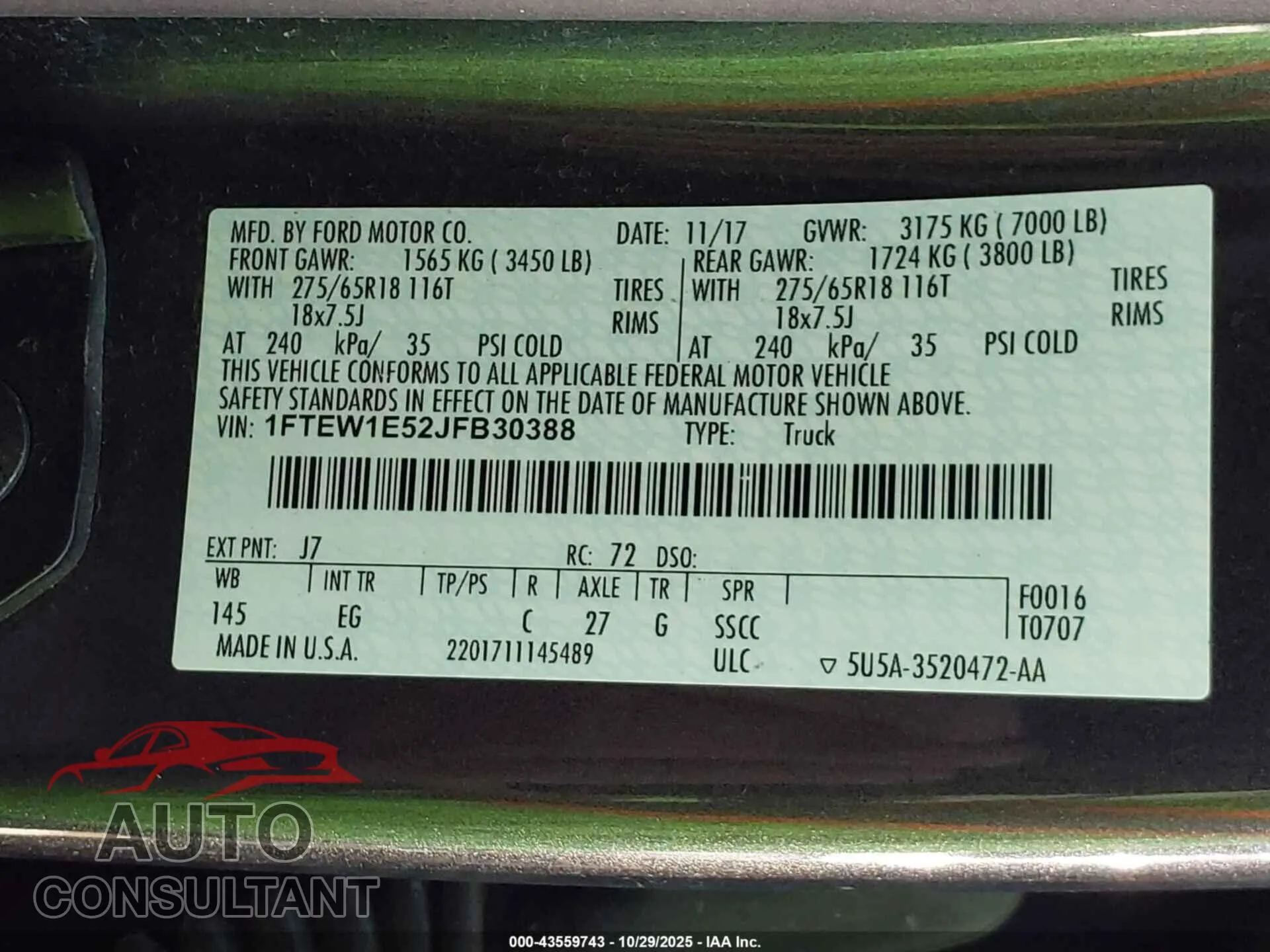 2018 FORD F-150 Damaged VIN 1FTEW1E52JFB30388 – trunk area