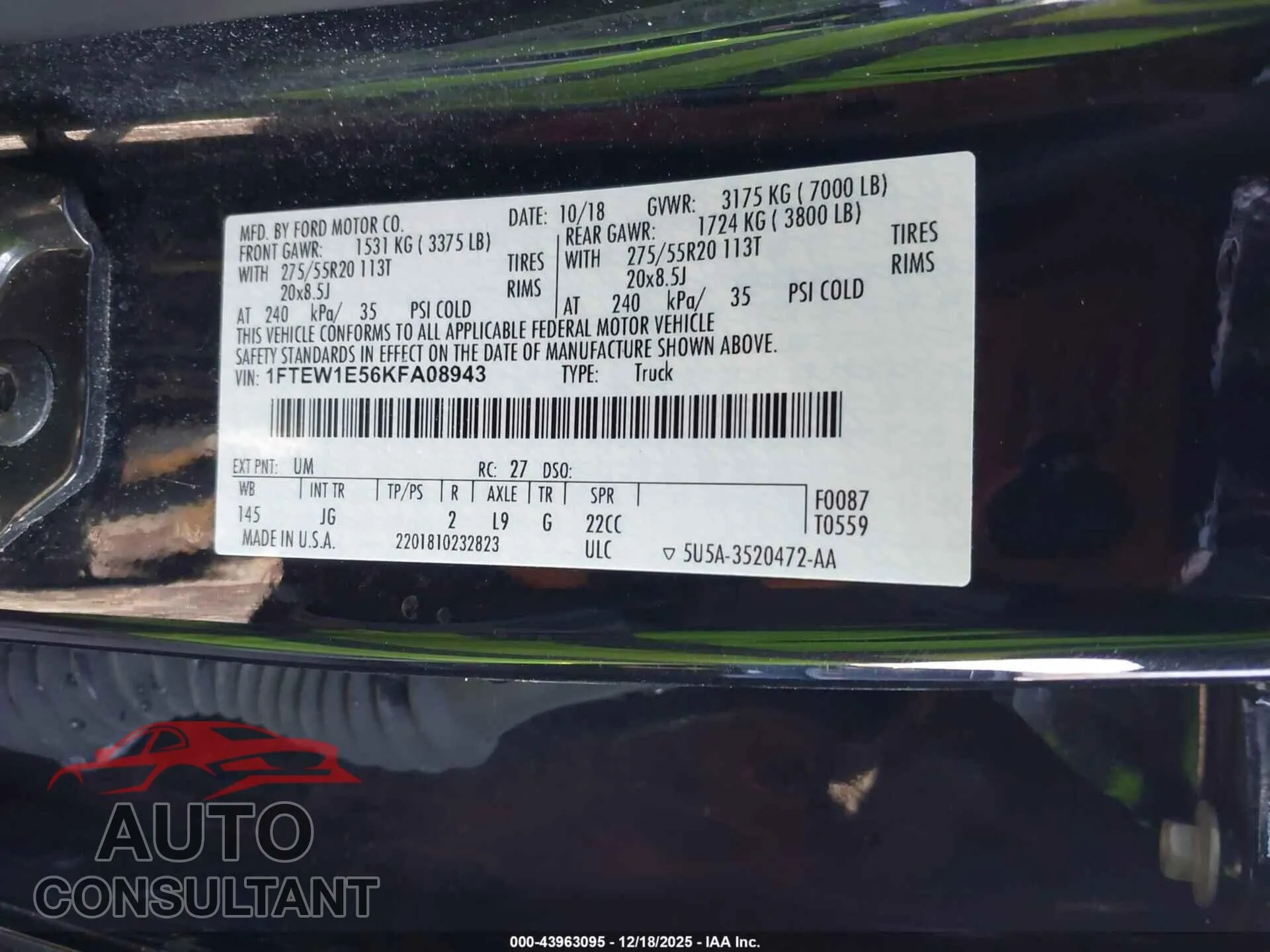 2019 FORD F-150 Damaged VIN 1FTEW1E56KFA08943 – trunk area