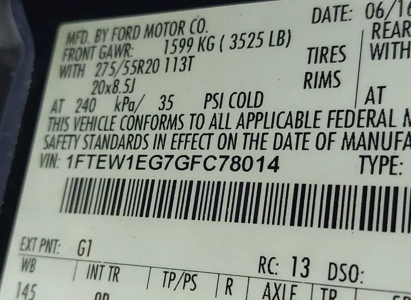 2016 FORD F-150 VIN 1FTEW1EG7GFC78014