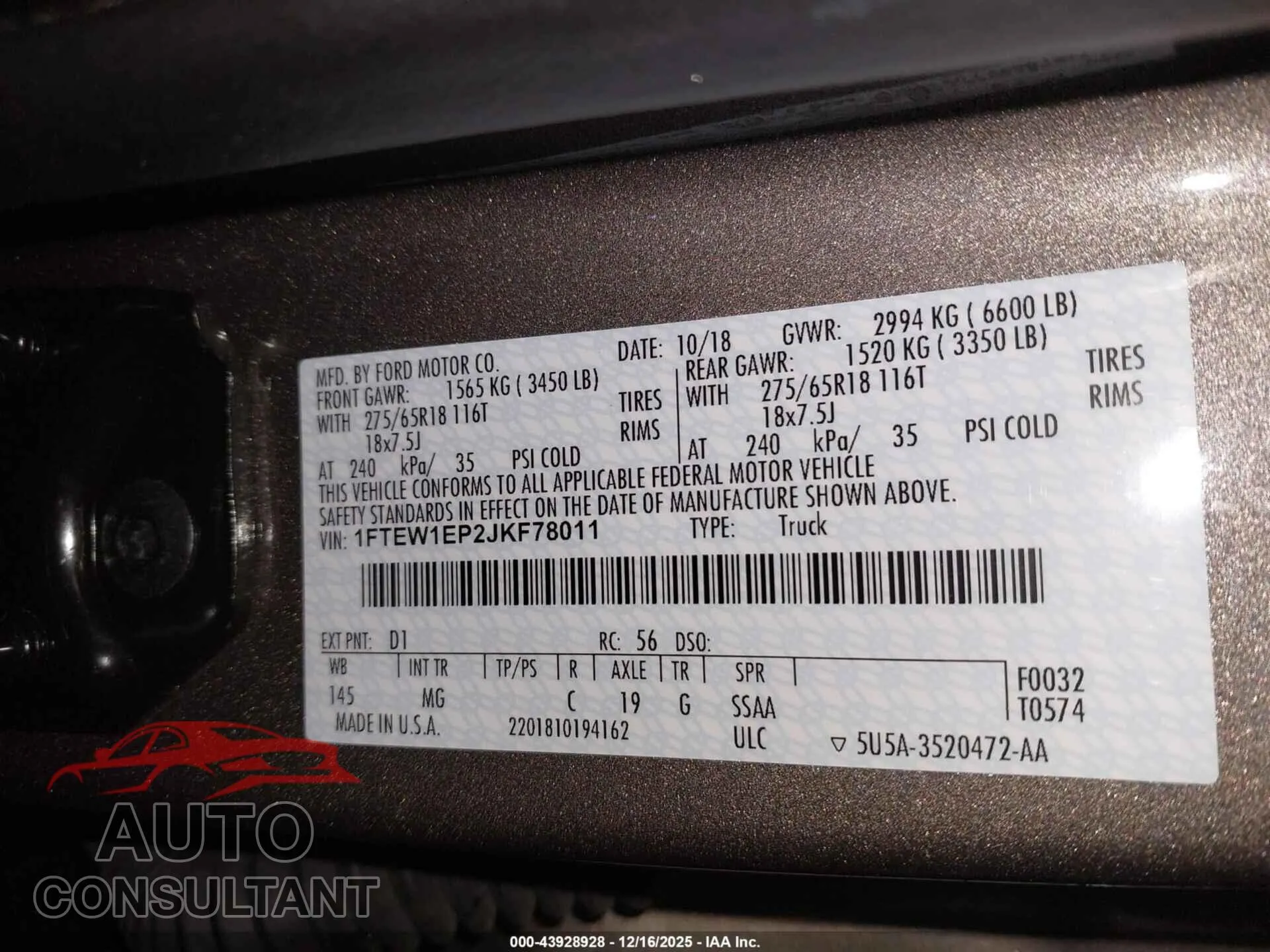 2018 FORD F-150 Damaged VIN 1FTEW1EP2JKF78011 – trunk area