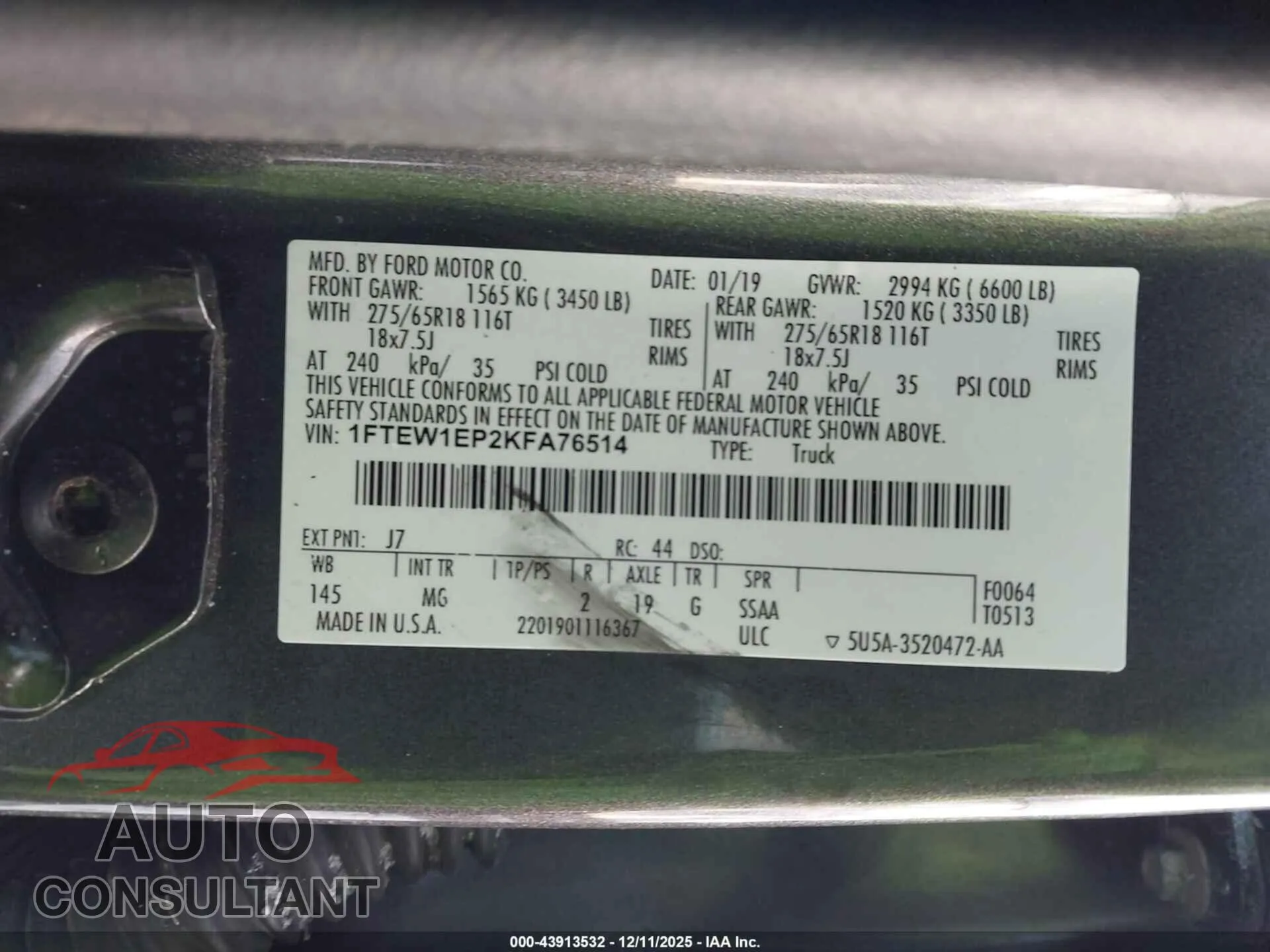 2019 FORD F-150 Damaged VIN 1FTEW1EP2KFA76514 – trunk area 2019 FORD F-150 Damaged VIN 1FTEW1EP2KFA76514 – trunk area
