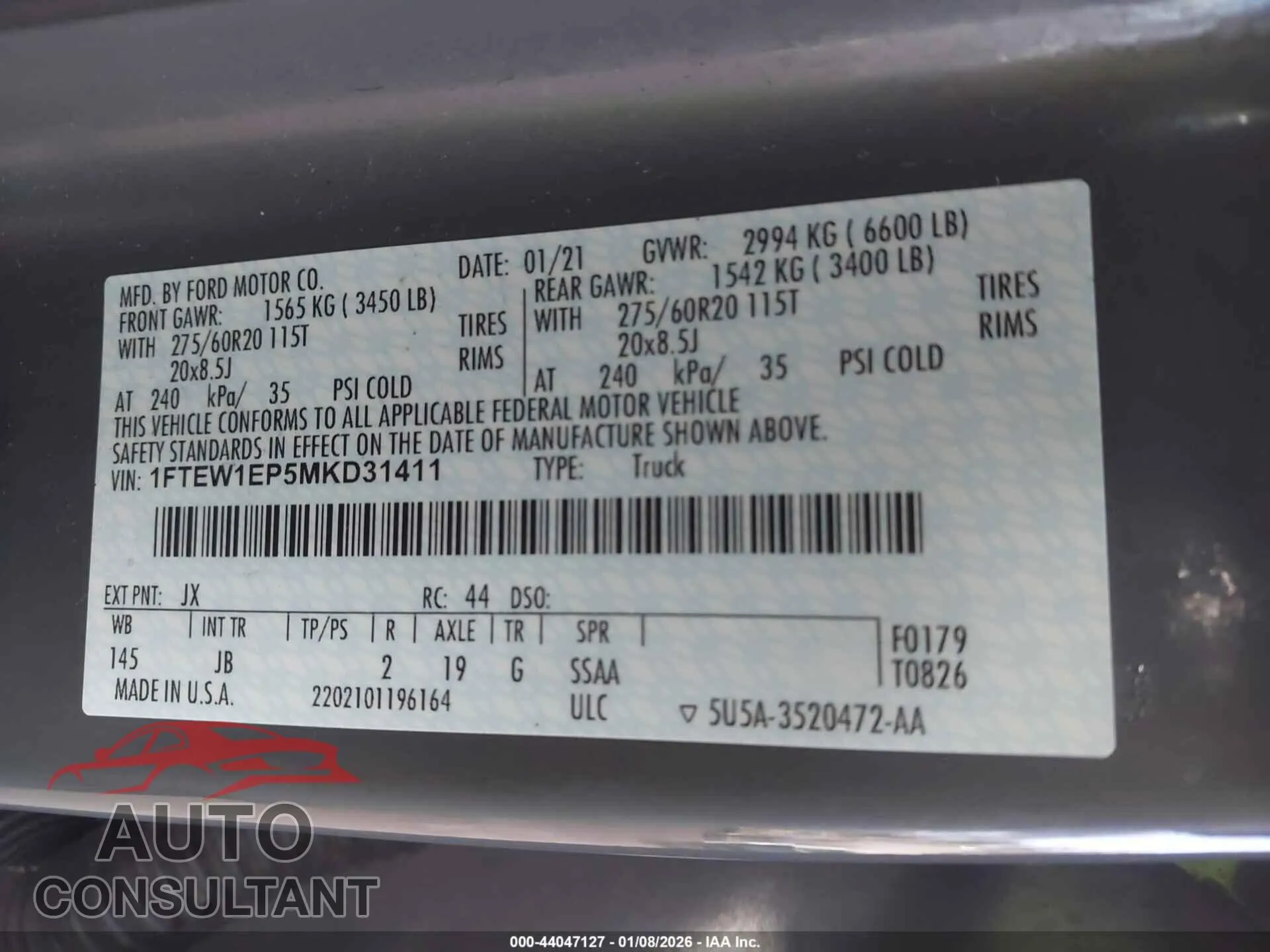 2021 FORD F-150 Damaged VIN 1FTEW1EP5MKD31411 – trunk area