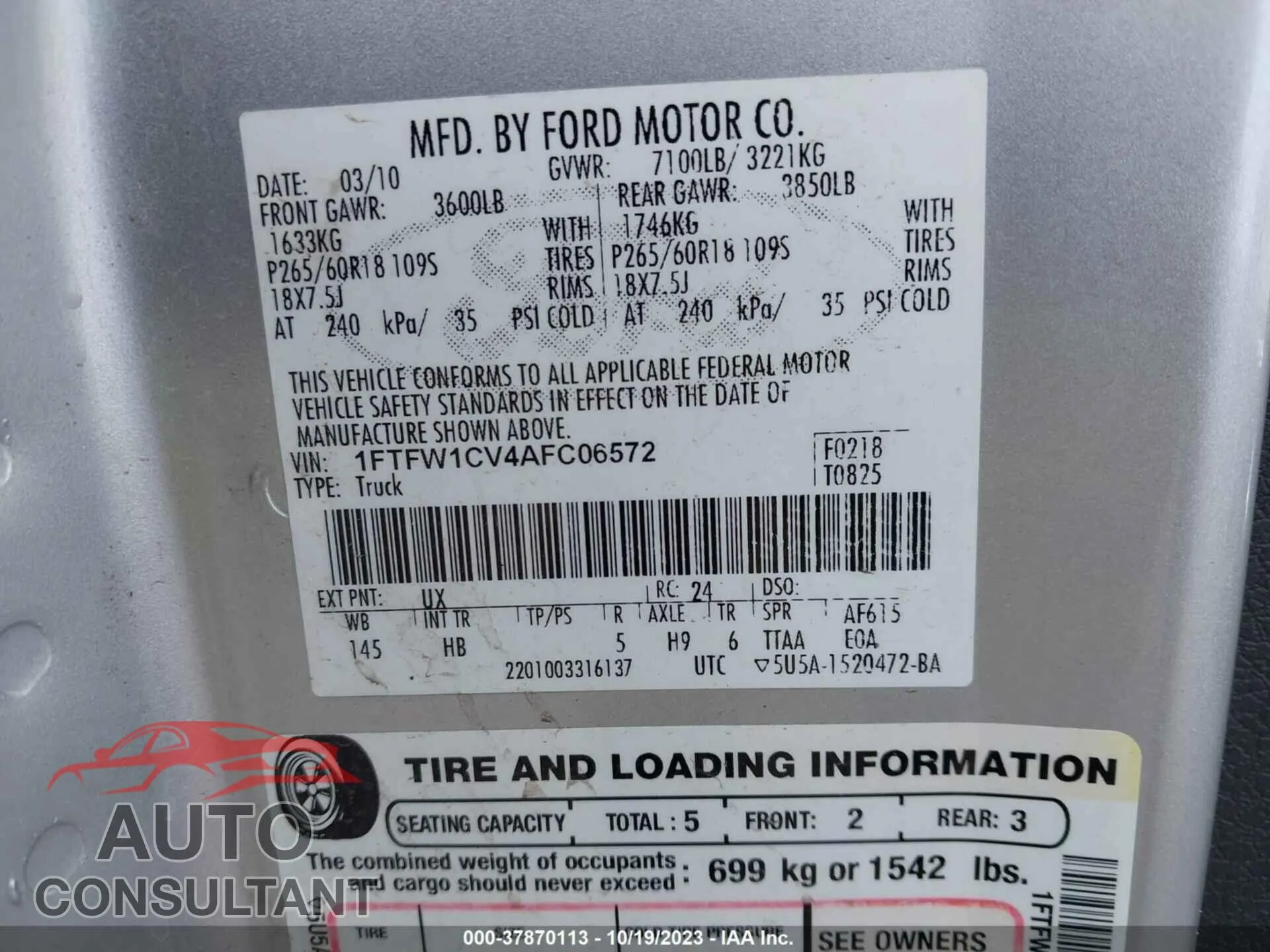 2010 FORD F-150 Damaged VIN 1FTFW1CV4AFC06572 – trunk area