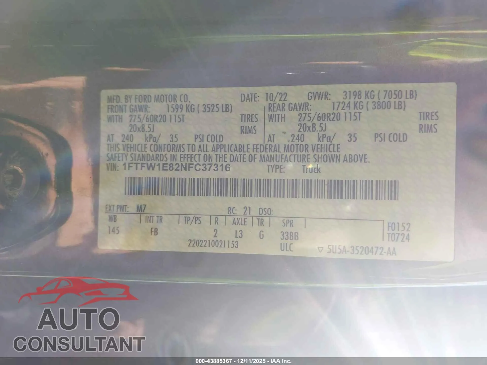 2022 FORD F-150 Damaged VIN 1FTFW1E82NFC37316 – trunk area