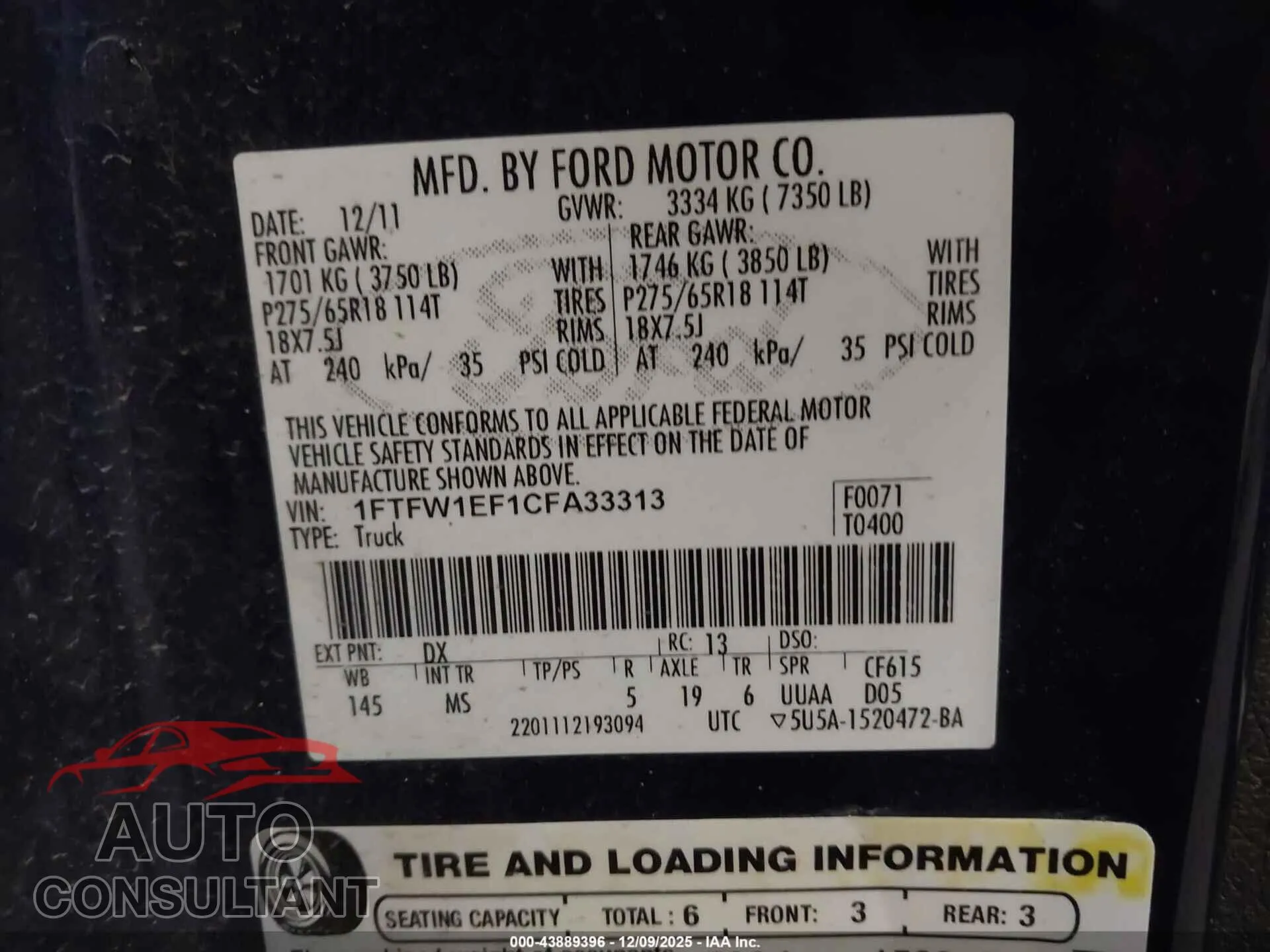 2012 FORD F-150 Damaged VIN 1FTFW1EF1CFA33313 – trunk area