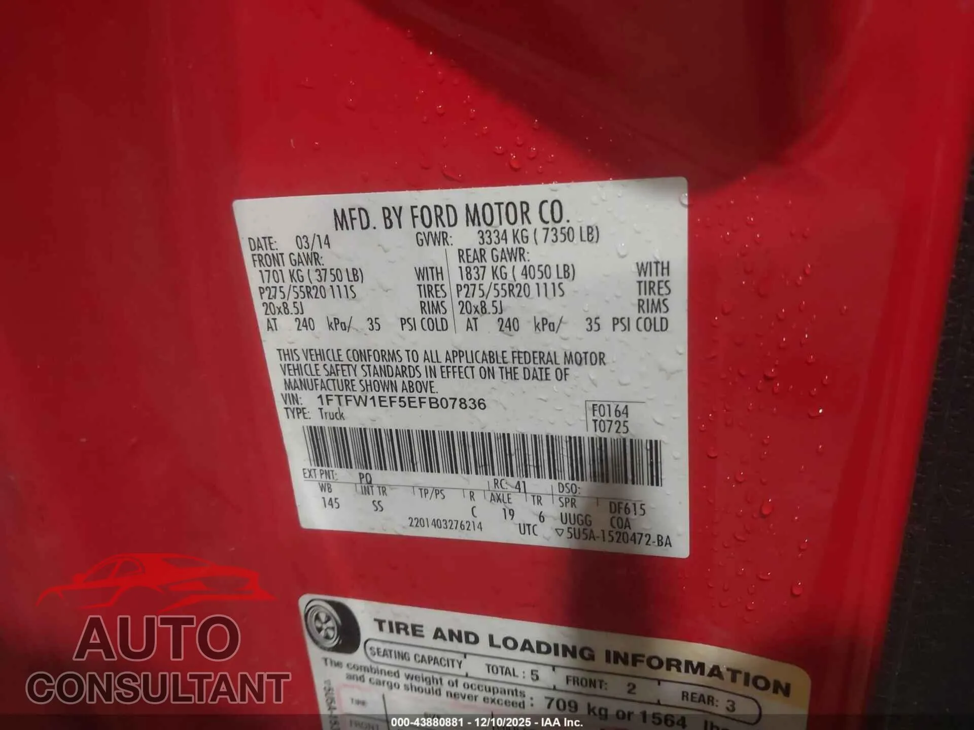 2014 FORD F-150 Damaged VIN 1FTFW1EF5EFB07836 – trunk area