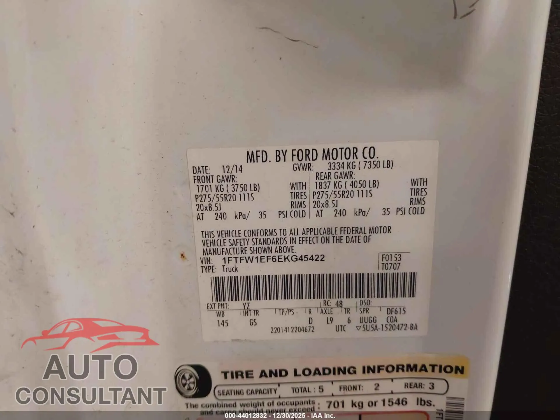 2014 FORD F-150 Damaged VIN 1FTFW1EF6EKG45422 – trunk area