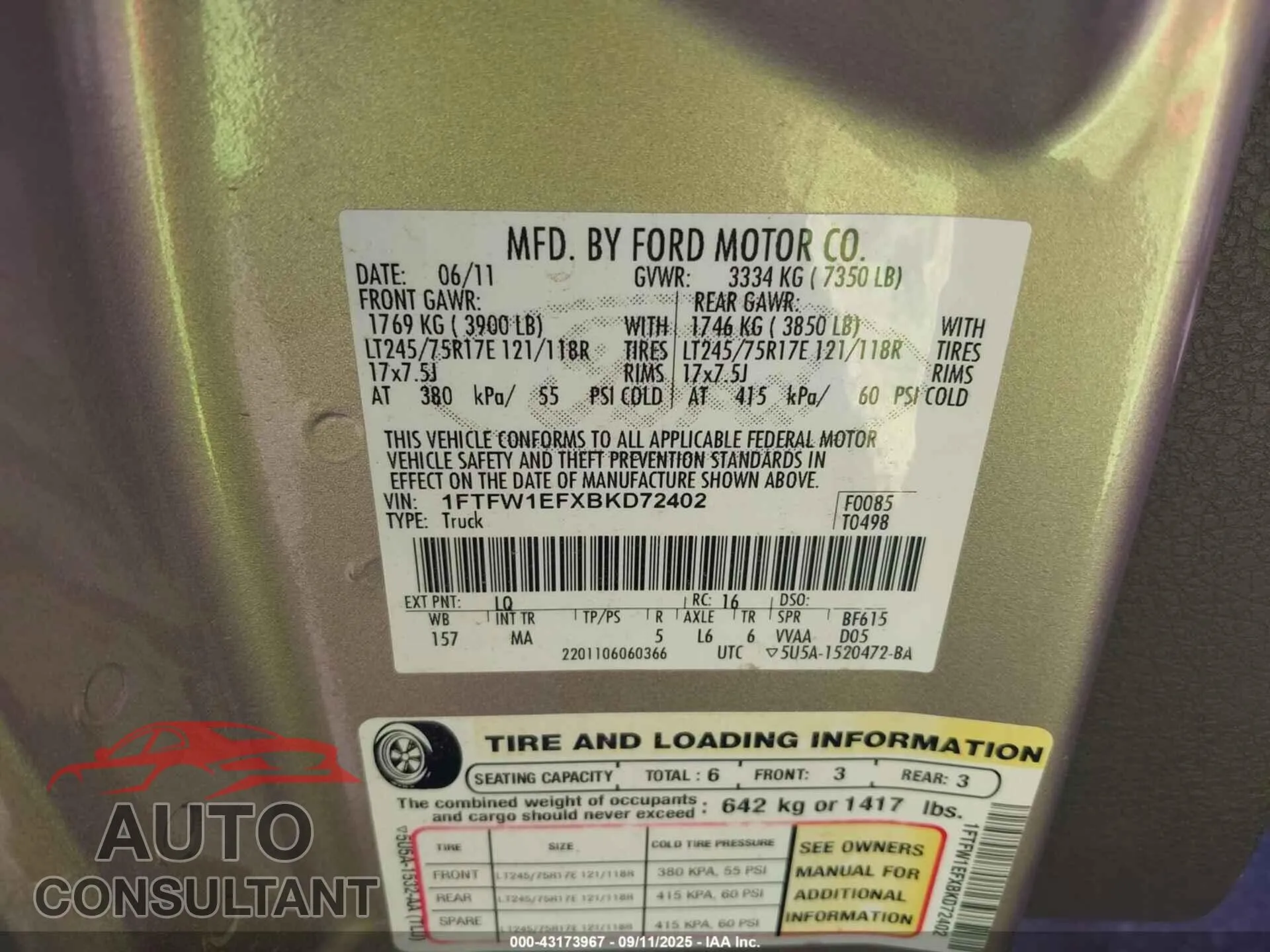 2011 FORD F-150 Damaged VIN 1FTFW1EFXBKD72402 – trunk area