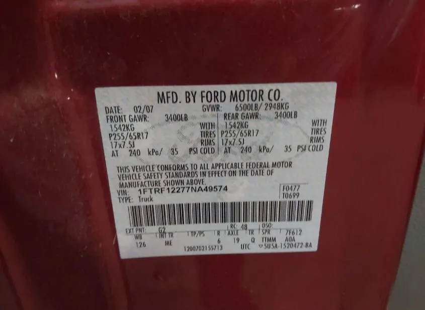 2007 FORD F-150 Used VIN 1FTRF12277NA49574 – interior seats