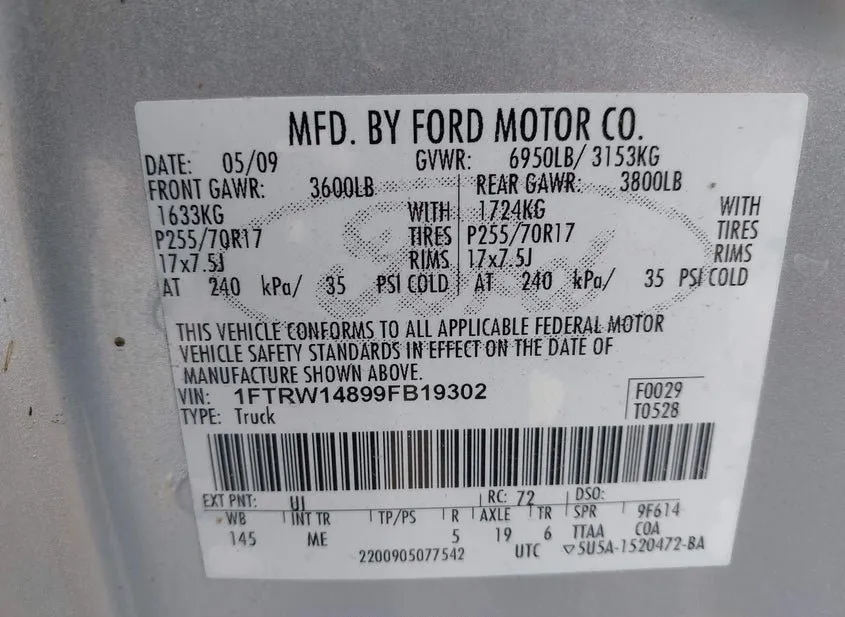 2009 FORD F-150 Used VIN 1FTRW14899FB19302 – dashboard