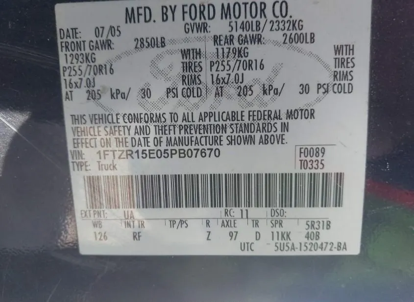 2005 FORD Ranger Used VIN 1FTZR15E05PB07670 – dashboard