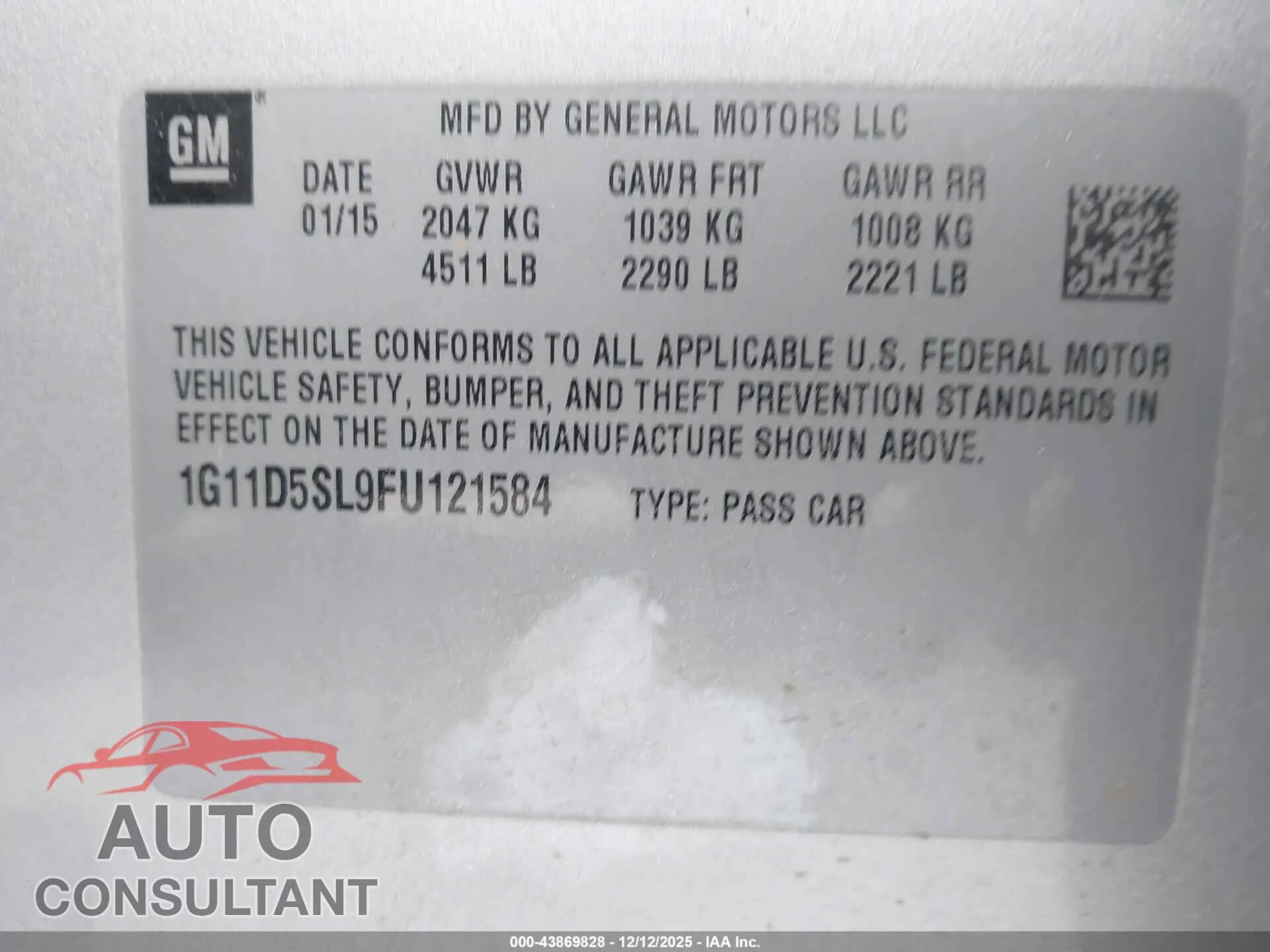 2015 CHEVROLET MALIBU Damaged VIN 1G11D5SL9FU121584 – trunk area