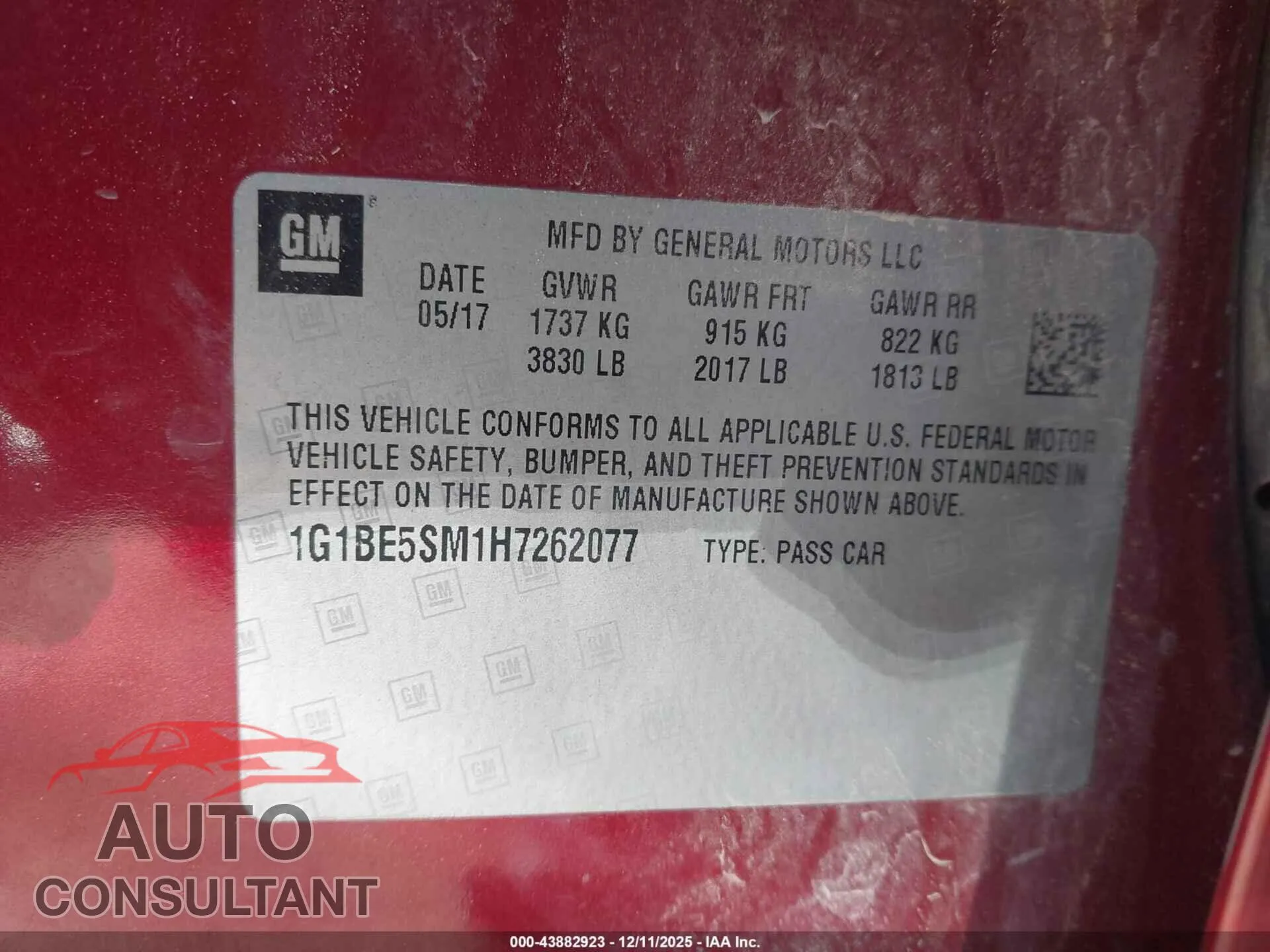 2017 CHEVROLET CRUZE Damaged VIN 1G1BE5SM1H7262077 – trunk area