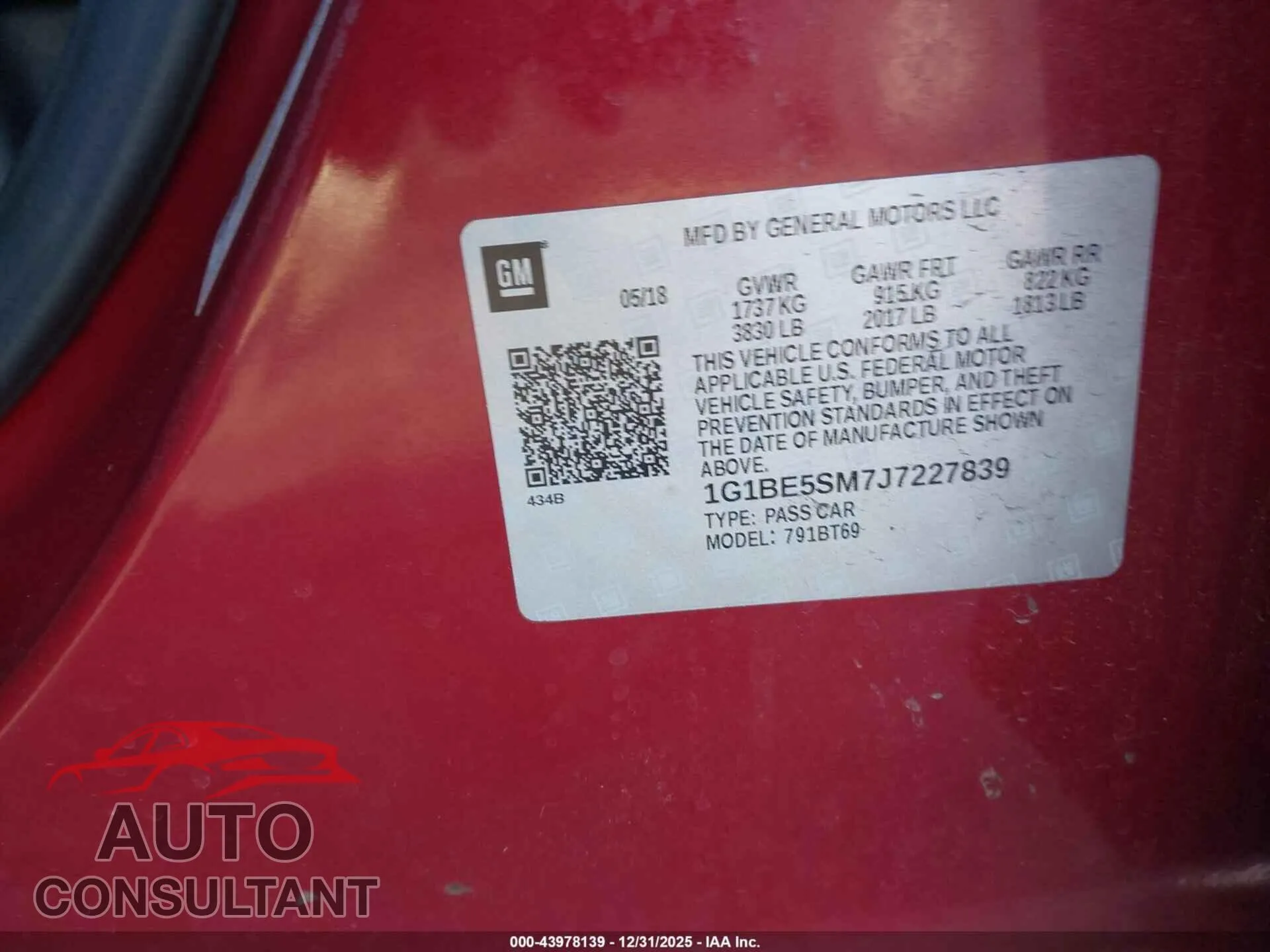 2018 CHEVROLET CRUZE Damaged VIN 1G1BE5SM7J7227839 – trunk area