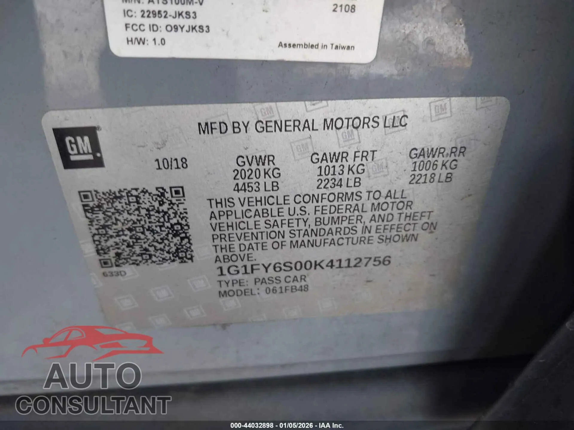 2019 CHEVROLET BOLT EV Damaged VIN 1G1FY6S00K4112756 – trunk area