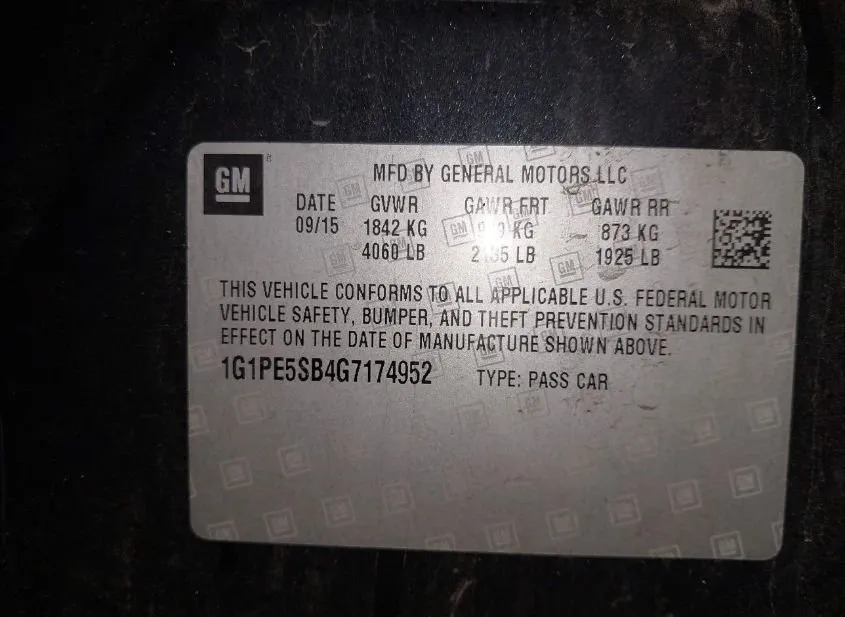 2016 CHEVROLET Cruze Limited VIN 1G1PE5SB4G7174952