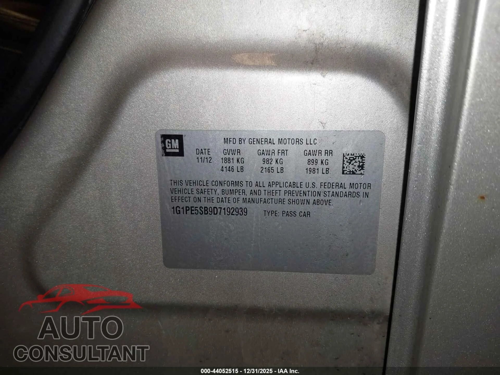 2013 CHEVROLET CRUZE Damaged VIN 1G1PE5SB9D7192939 – trunk area