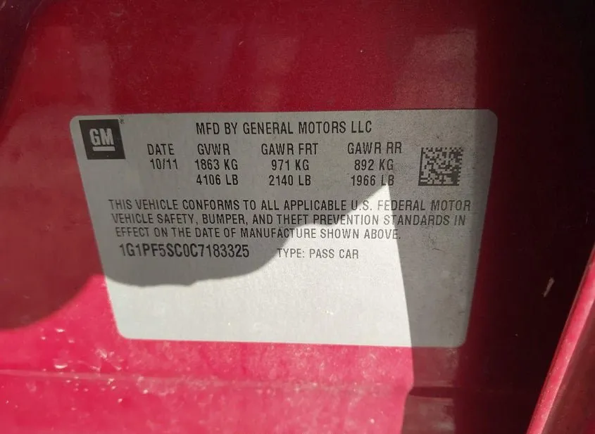 2012 CHEVROLET Cruze – VIN 1G1PF5SC0C7183325 2012 CHEVROLET Cruze VIN 1G1PF5SC0C7183325