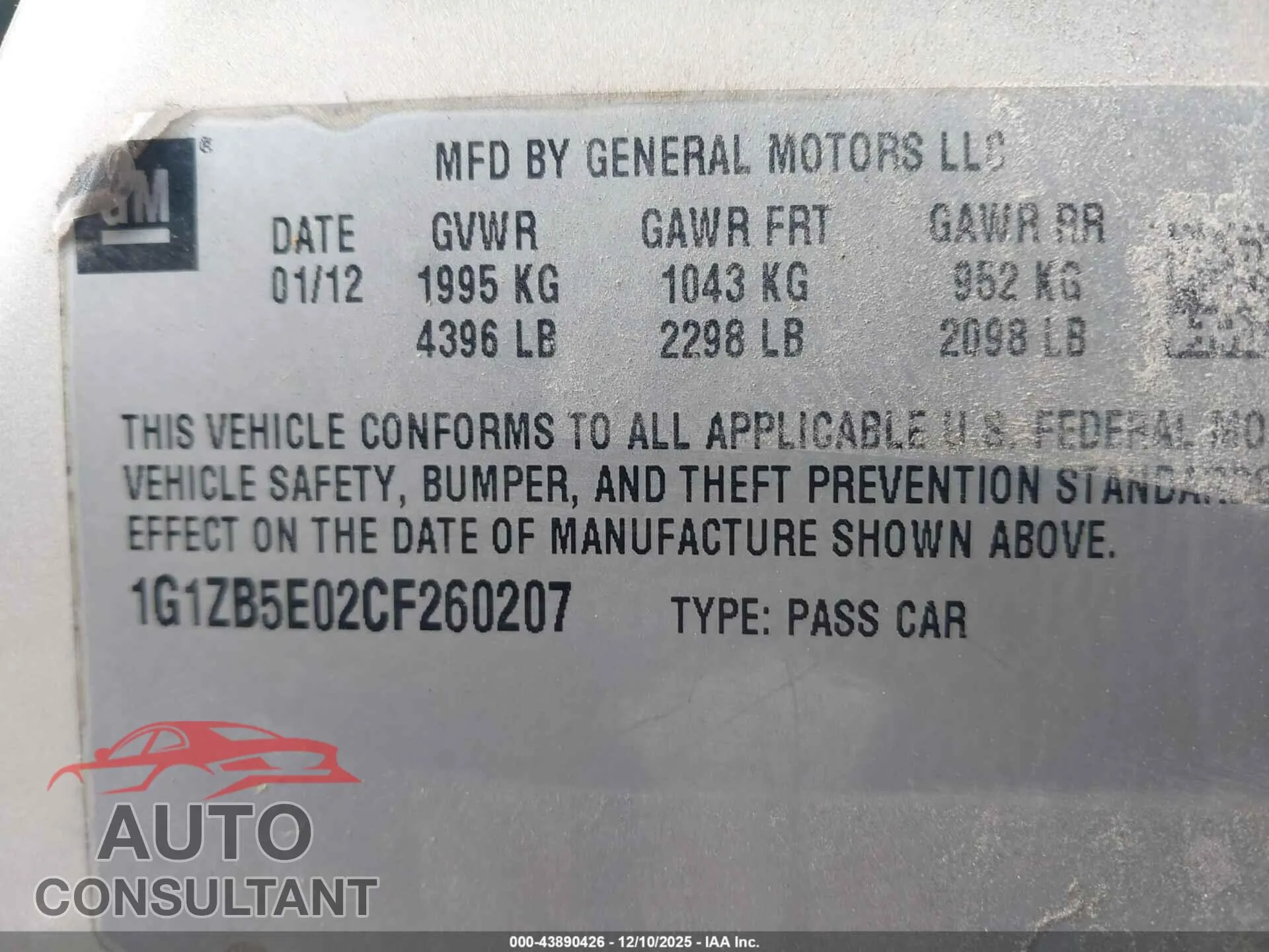 2012 CHEVROLET MALIBU Damaged VIN 1G1ZB5E02CF260207 – trunk area