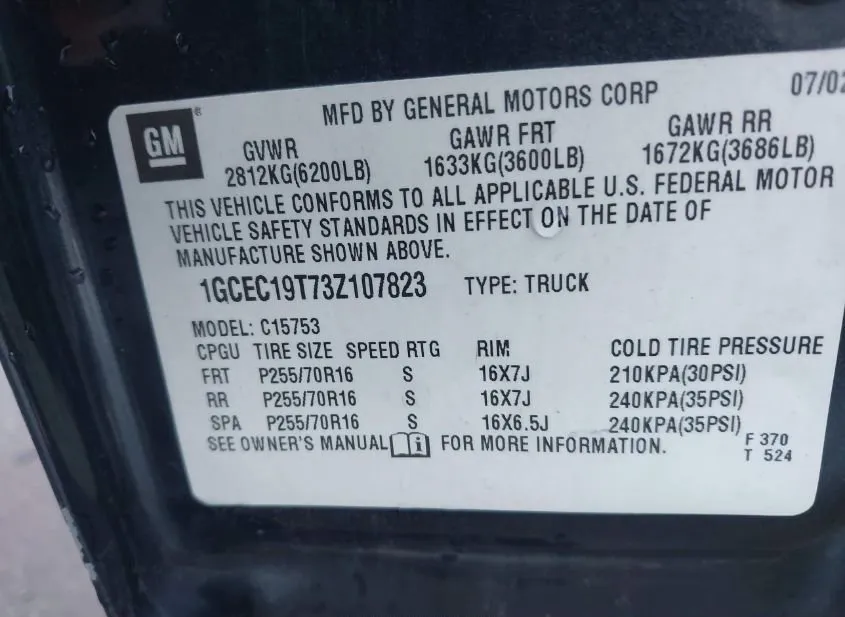 2003 CHEVROLET Silverado Used VIN 1GCEC19T73Z107823 – dashboard