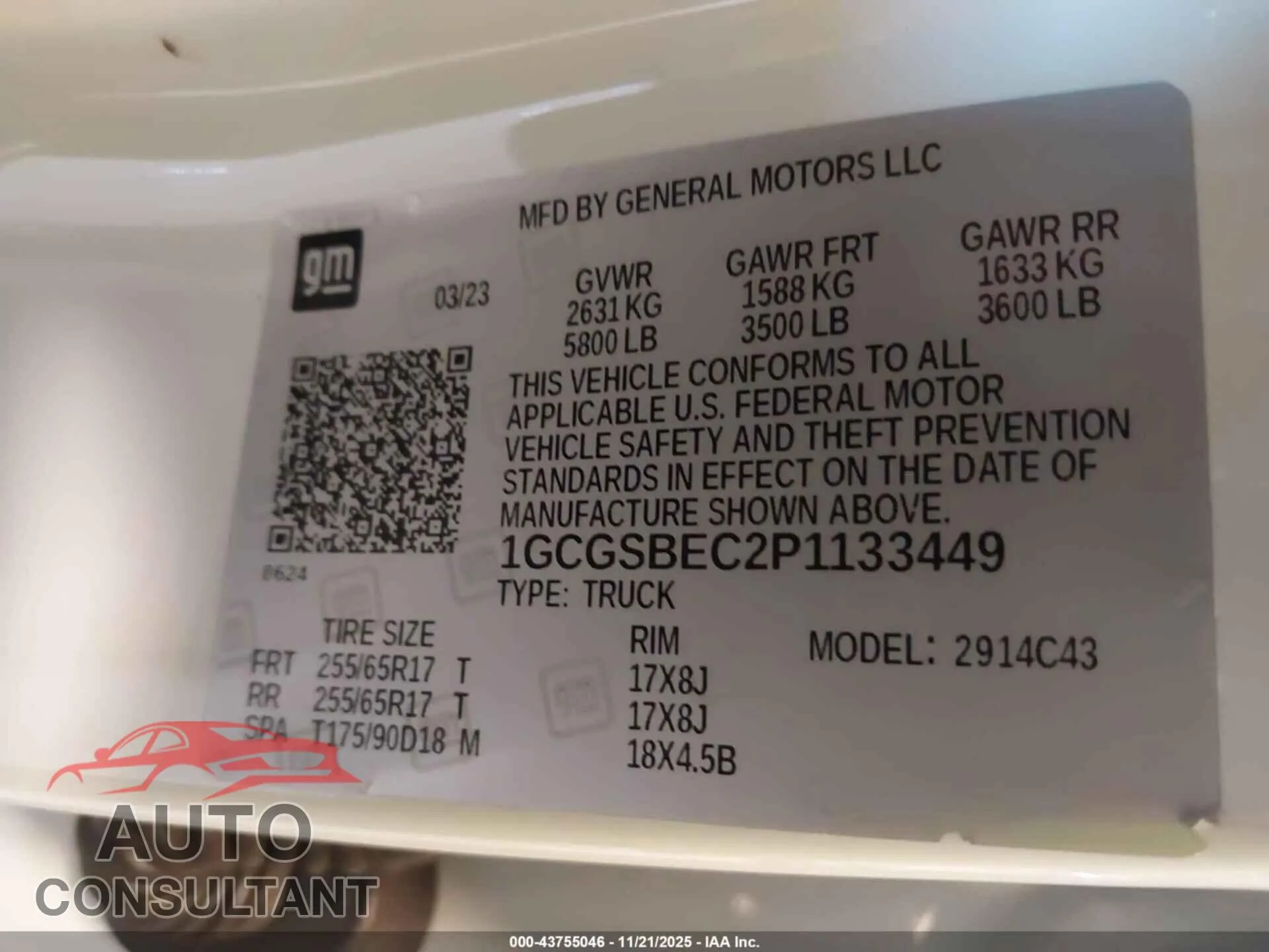 2023 CHEVROLET COLORADO Damaged VIN 1GCGSBEC2P1133449 – trunk area