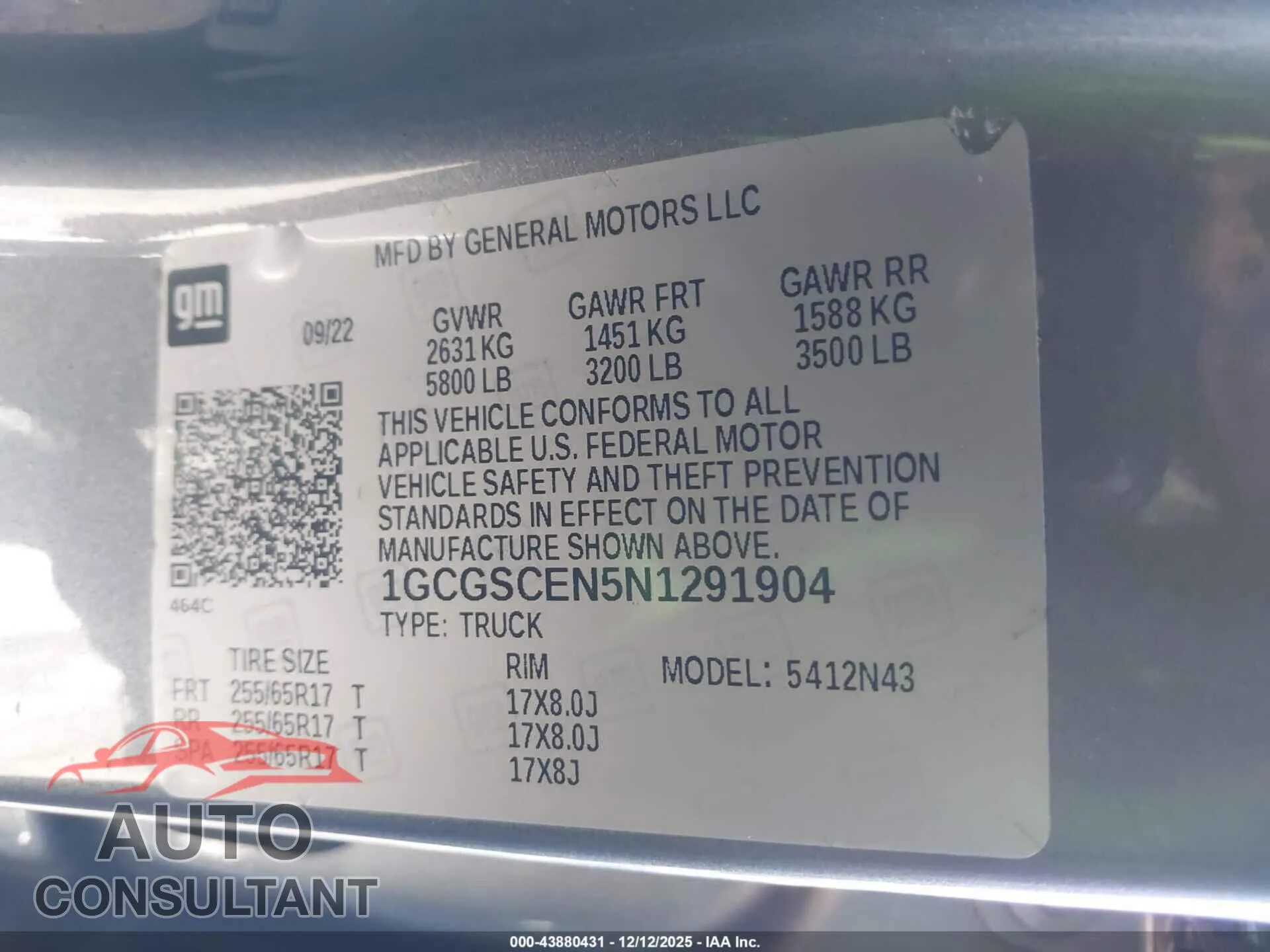 2022 CHEVROLET COLORADO Damaged VIN 1GCGSCEN5N1291904 – trunk area