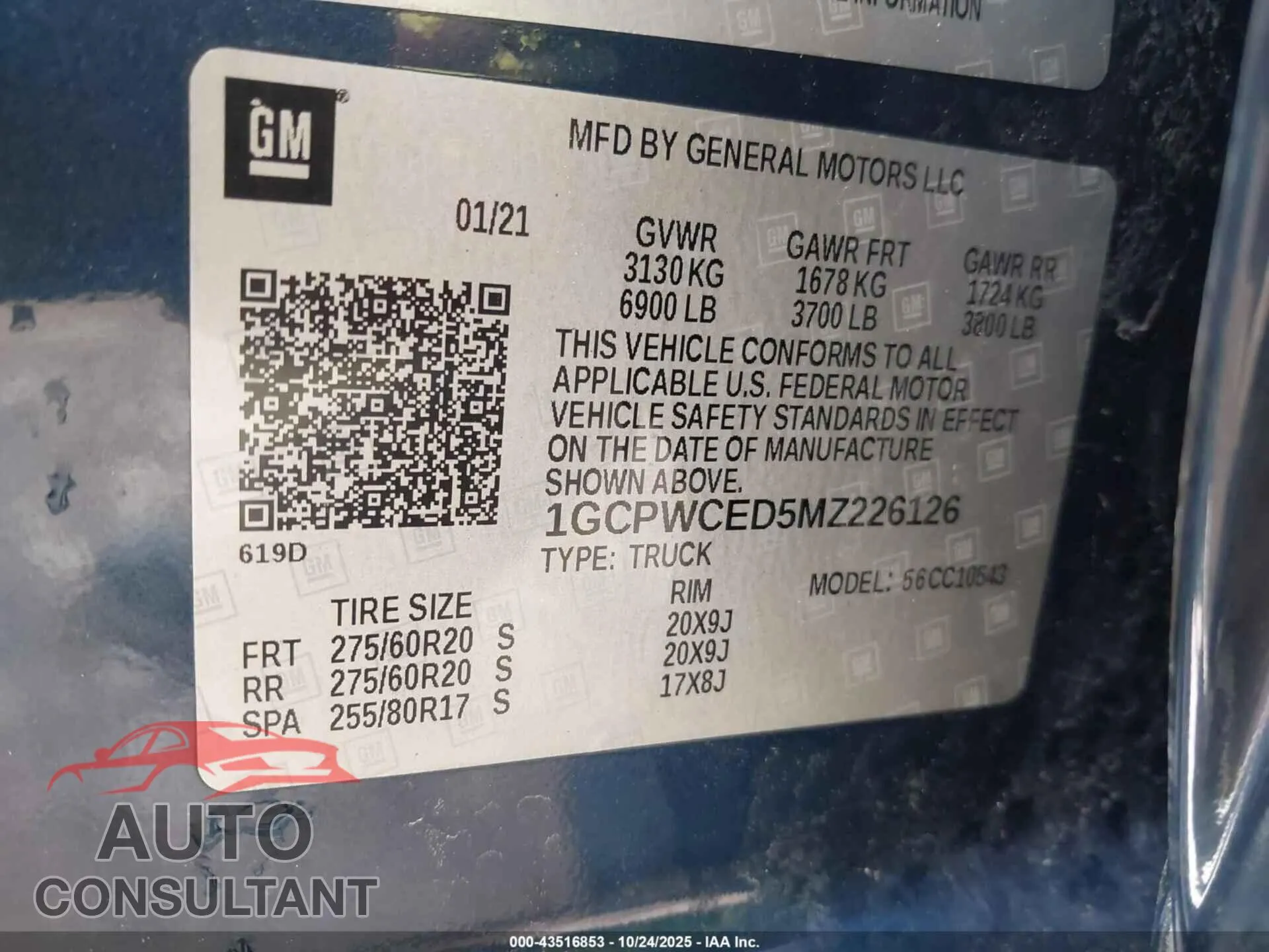 2021 CHEVROLET SILVERADO 1500 Damaged VIN 1GCPWCED5MZ226126 – trunk area